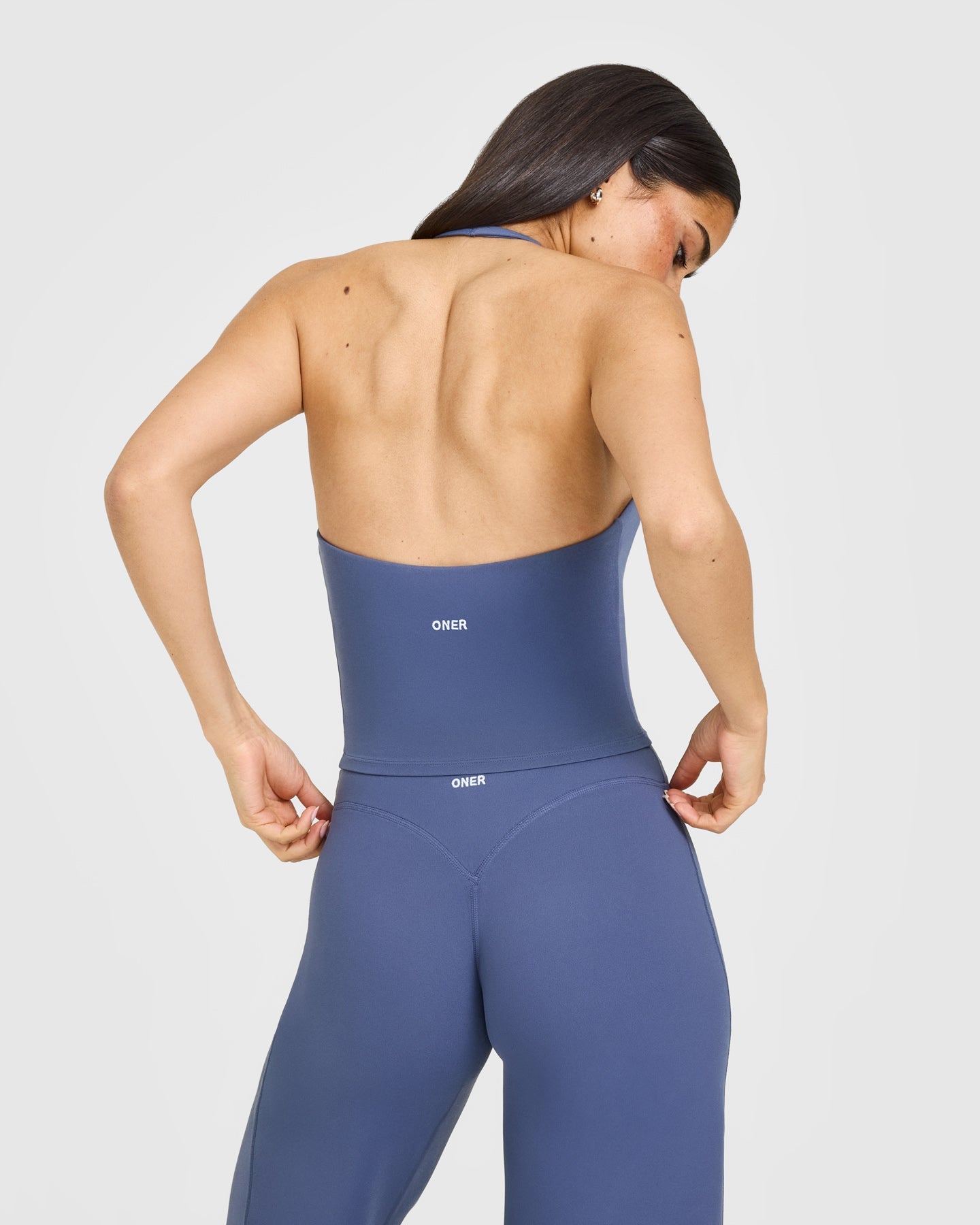 SoftMotion Halter Neck Mid Vest with Built in Bra Shelf with White Logo | Slate Blue - Image 2