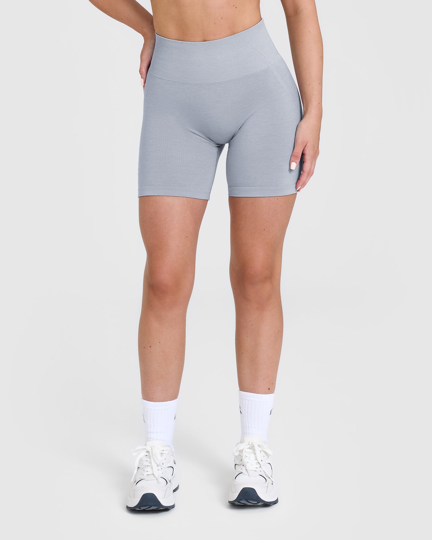 EffortlessLift Seamless Shorts with White Logo | Metal Grey