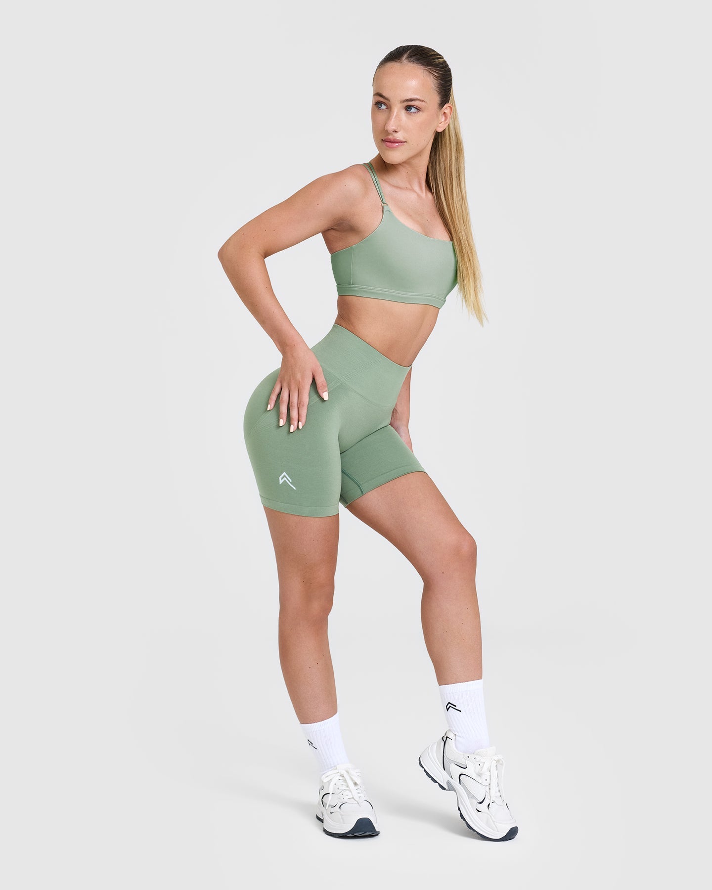 EffortlessLift Seamless Shorts with White Logo | Sage - Image 3