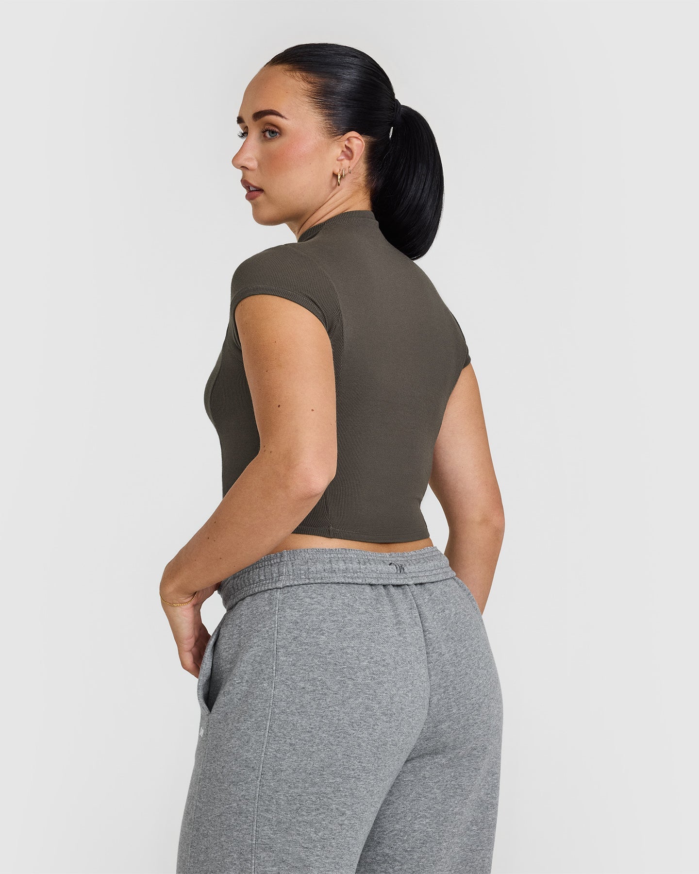 Mellow Rib Mid Mock Neck T-Shirt | Deep Taupe - Image 2