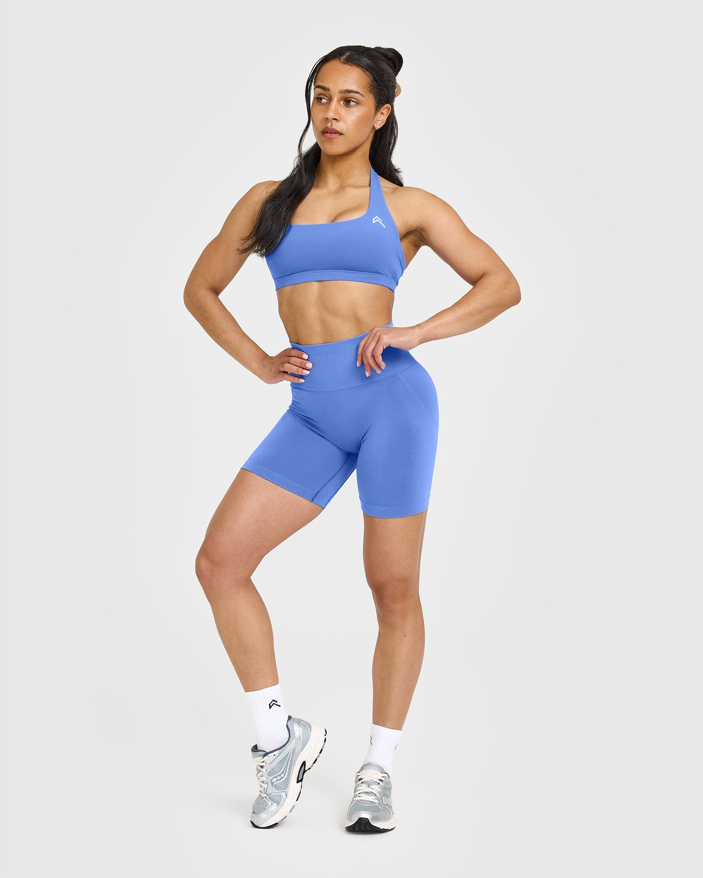 EffortlessLift Seamless Shorts with White Logo | Glaucous Blue - Image 3
