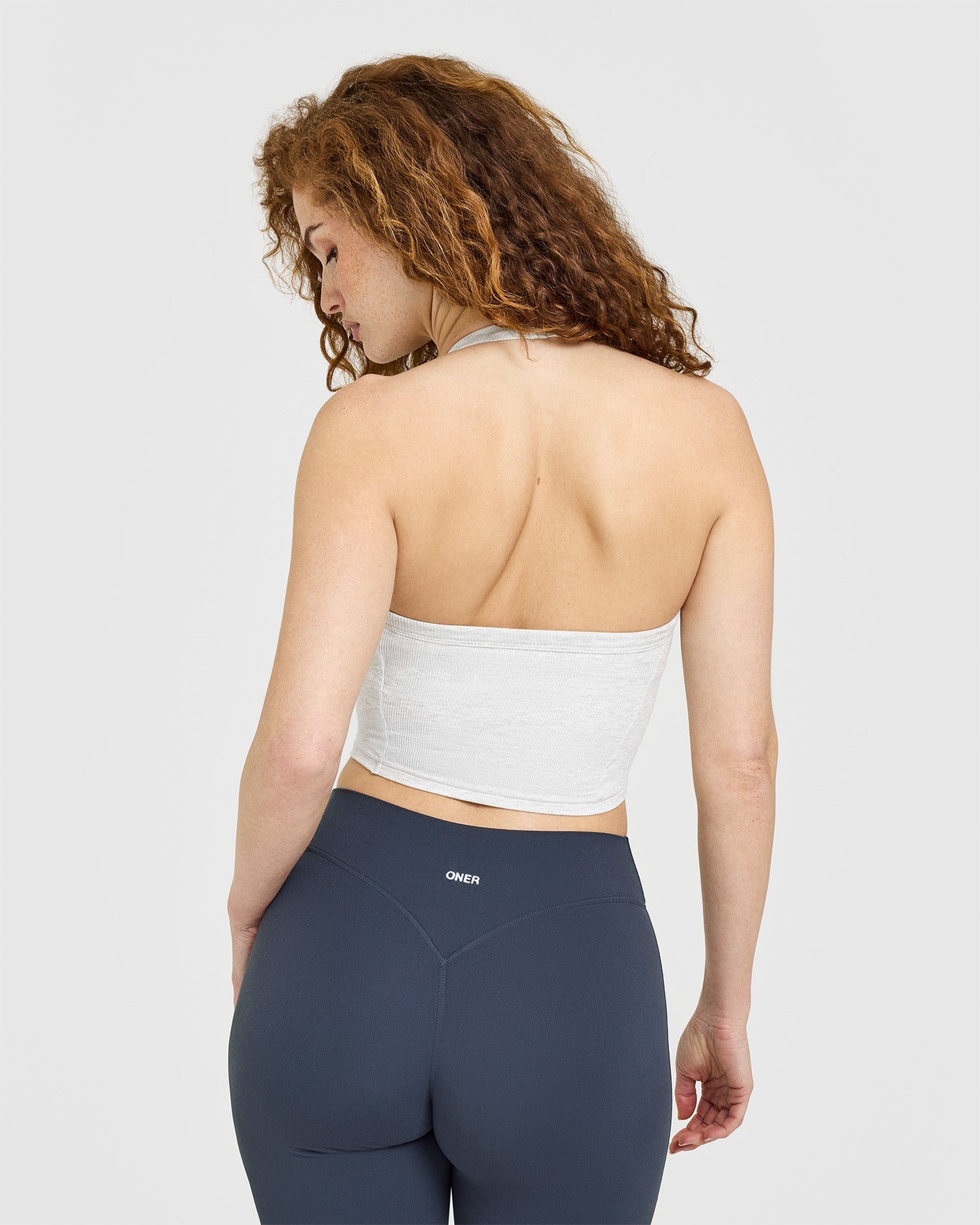 Mellow Rib Halter Neck Mid Vest with Built in Bra Shelf | Light Grey Marl - Image 2
