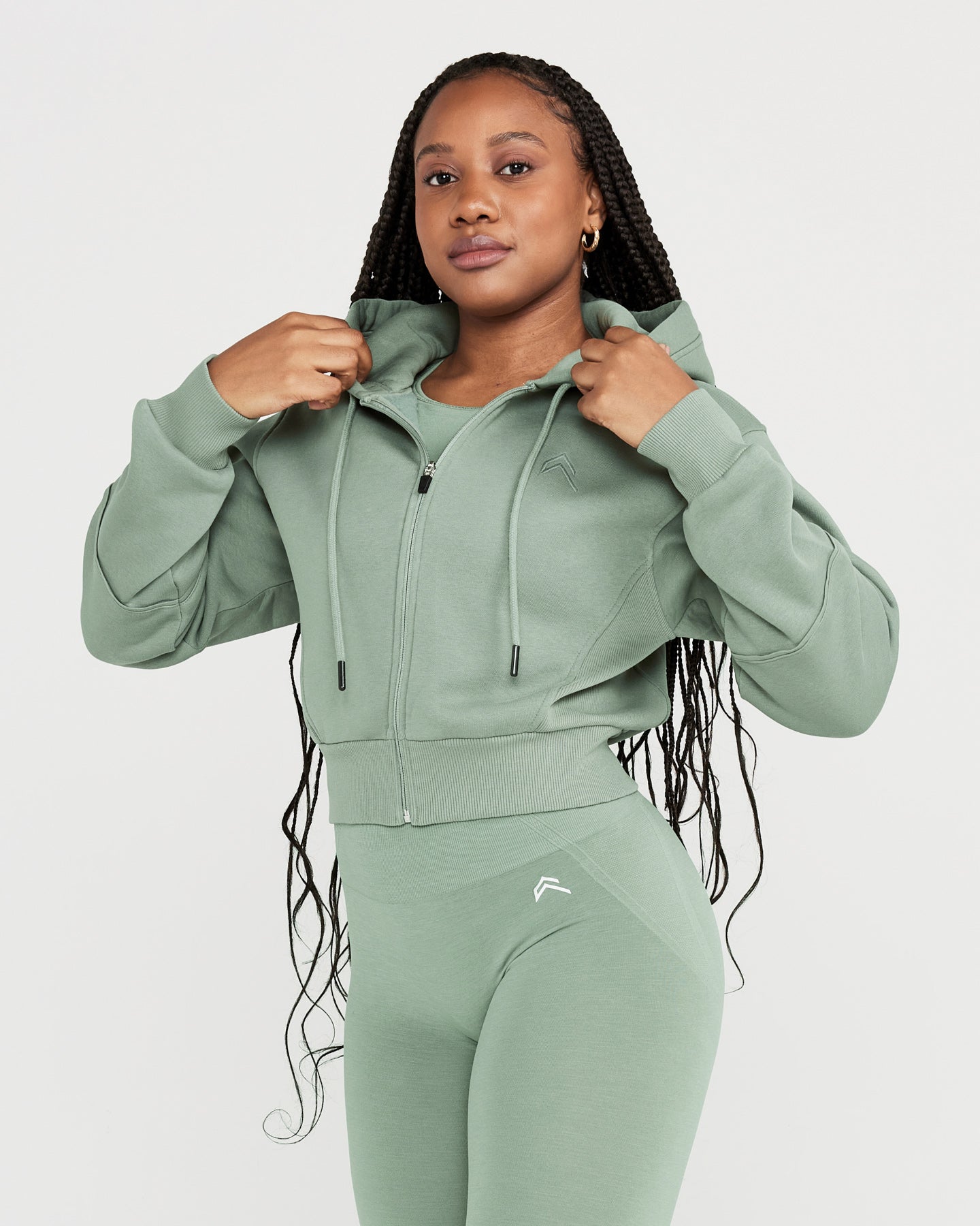 Classic Lounge Cropped Zip Through Hoodie | Sage - Image 3