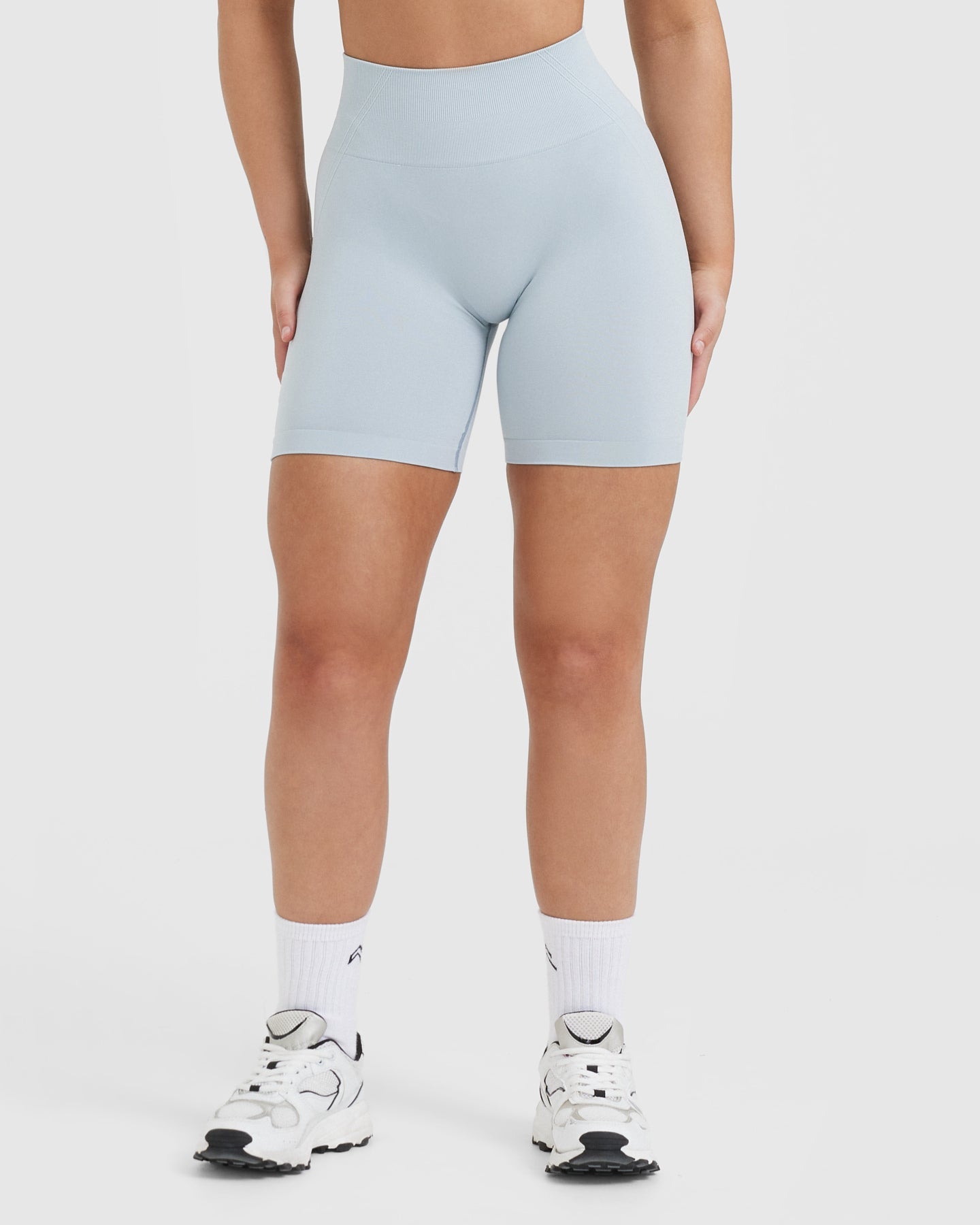 EffortlessLift Seamless Shorts with White Logo | Ice Blue