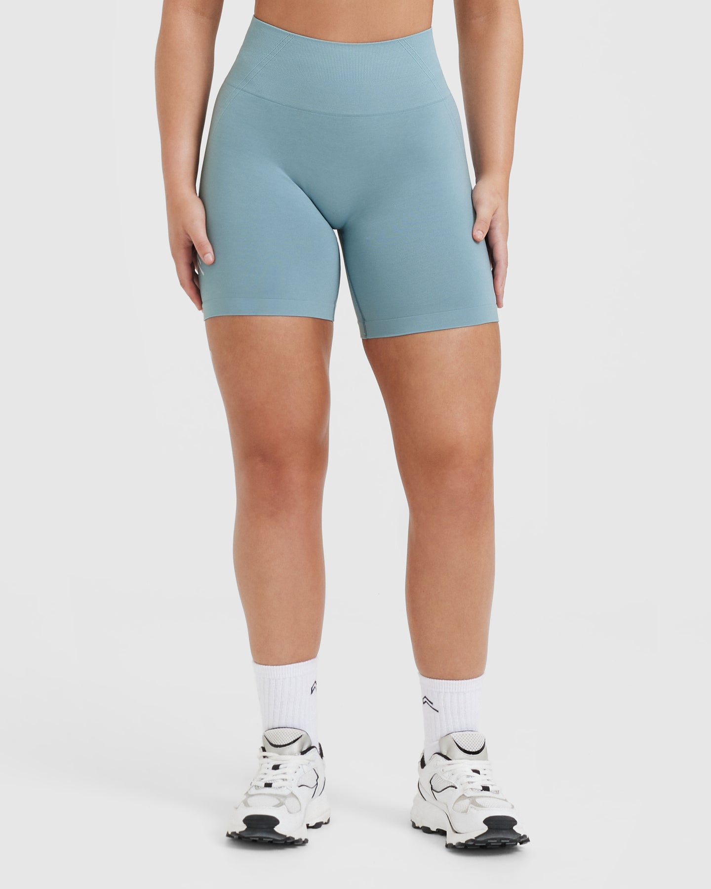 EffortlessLift Seamless Shorts with White Logo | Steel Blue