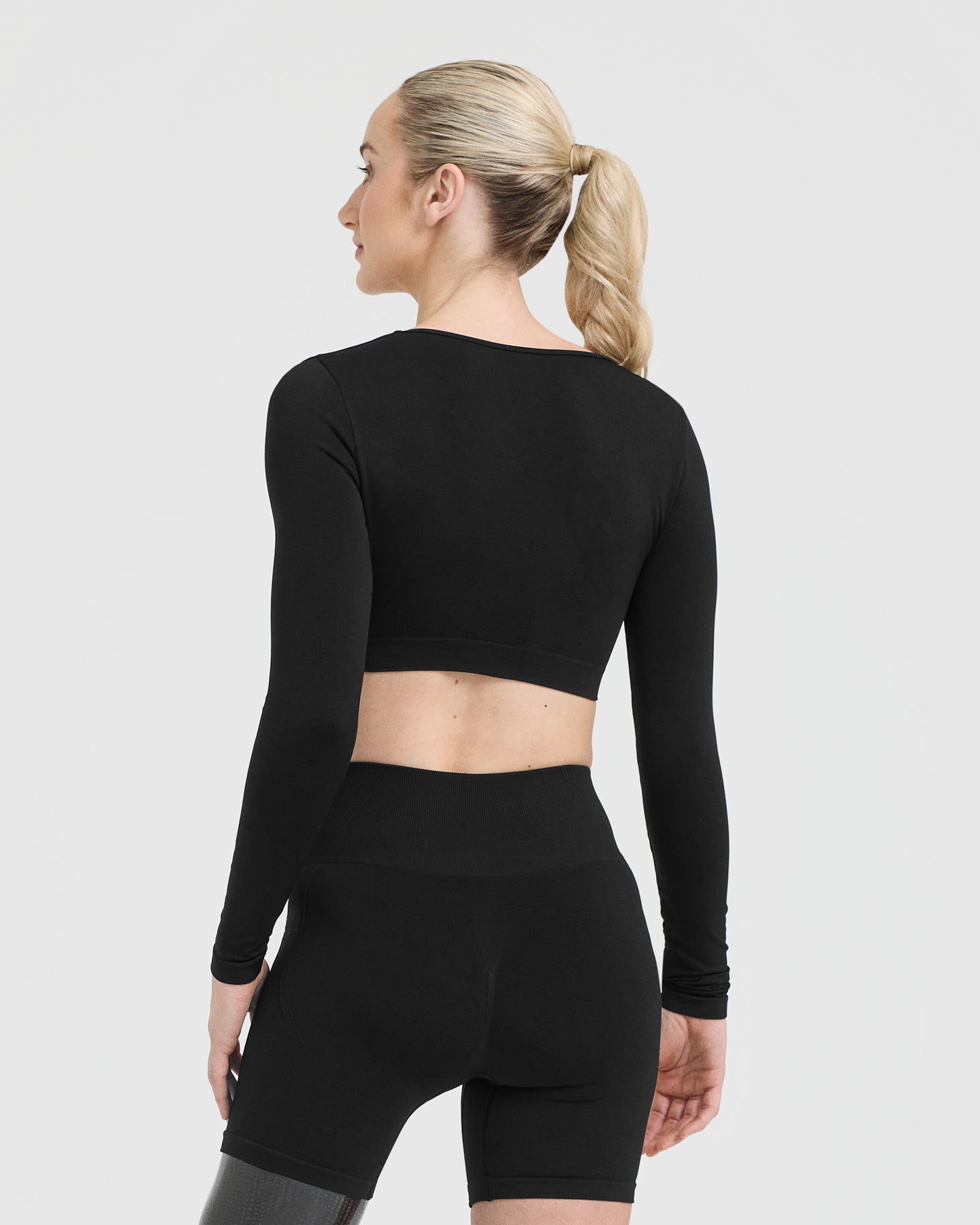 EffortlessLift Square Neck Crop Long Sleeve Top with White Logo | Black - Image 2