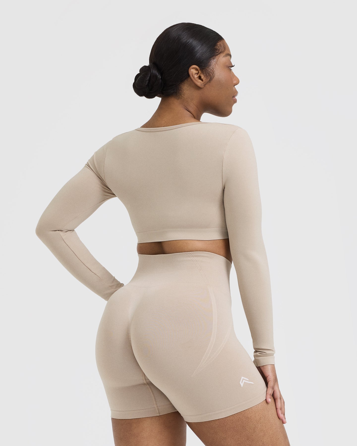 EffortlessLift Square Neck Crop Long Sleeve Top with White Logo | Mushroom Brown - Image 2