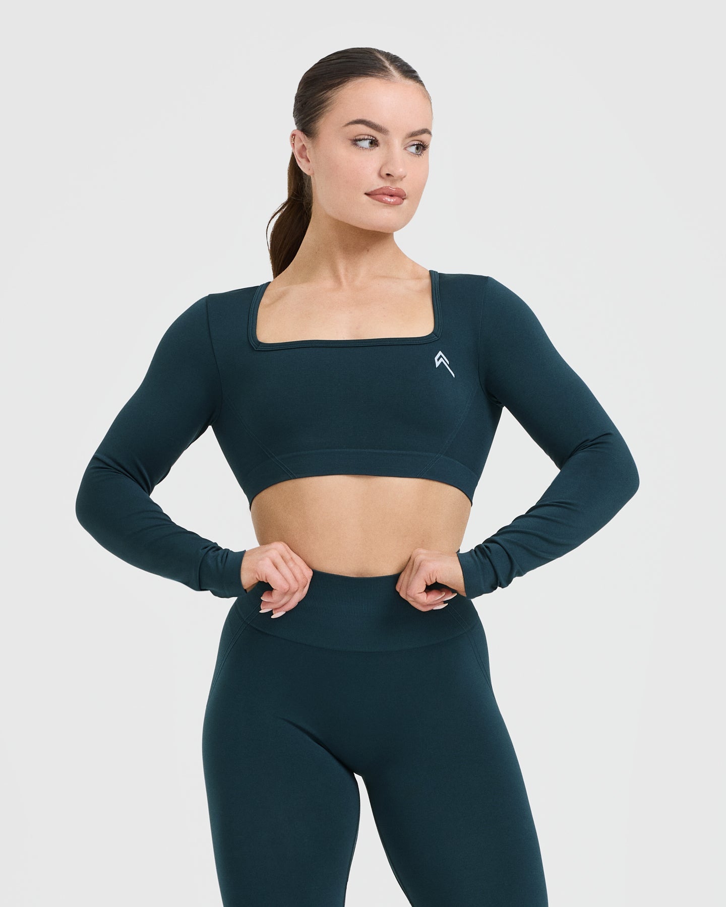 EffortlessLift Square Neck Crop Long Sleeve Top with White Logo | Oil Blue