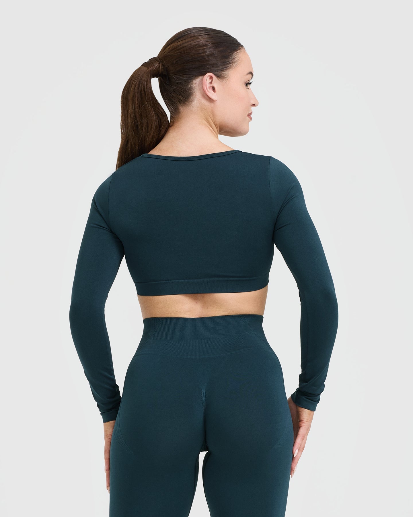 EffortlessLift Square Neck Crop Long Sleeve Top with White Logo | Oil Blue - Image 2