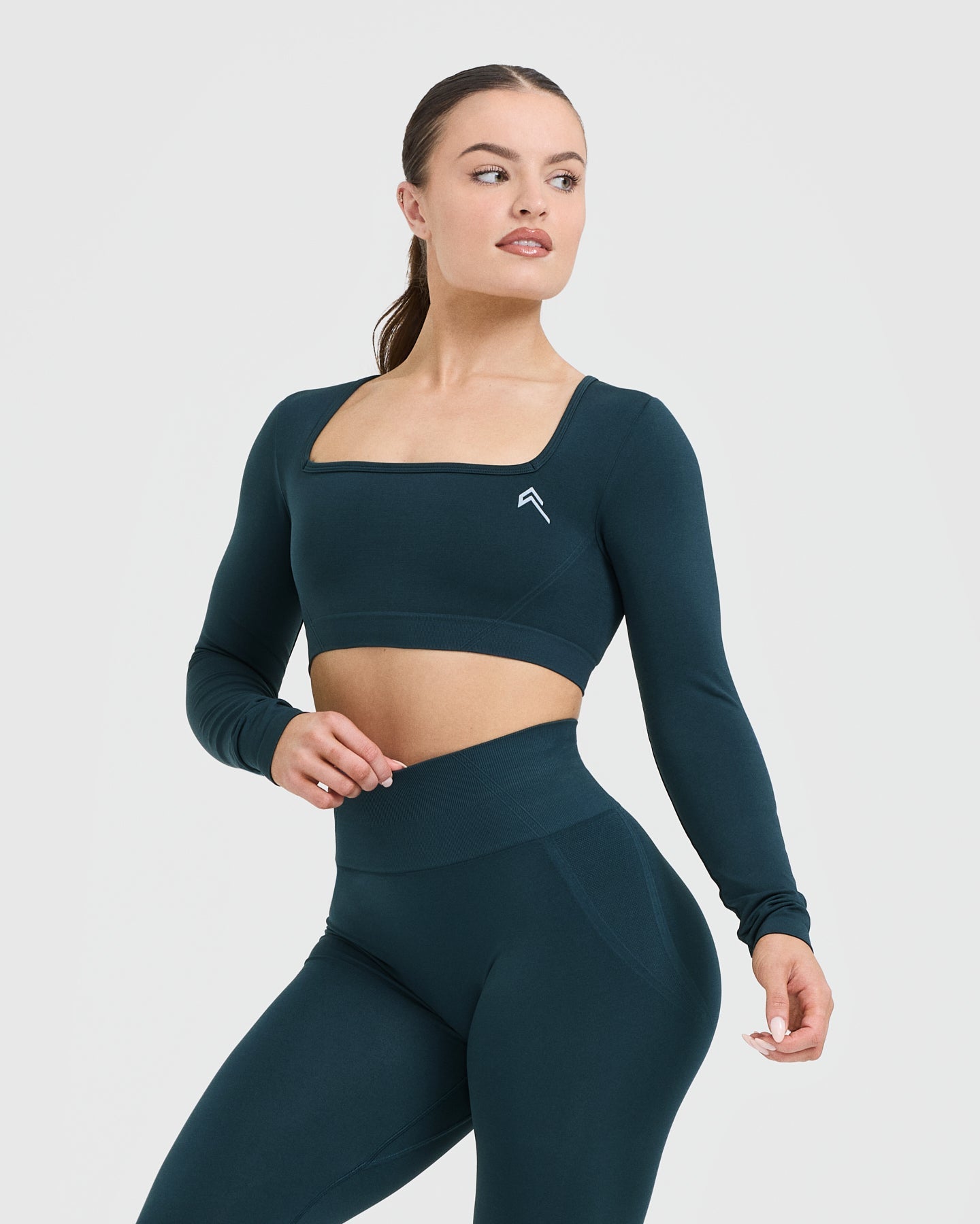 EffortlessLift Square Neck Crop Long Sleeve Top with White Logo | Oil Blue - Image 3