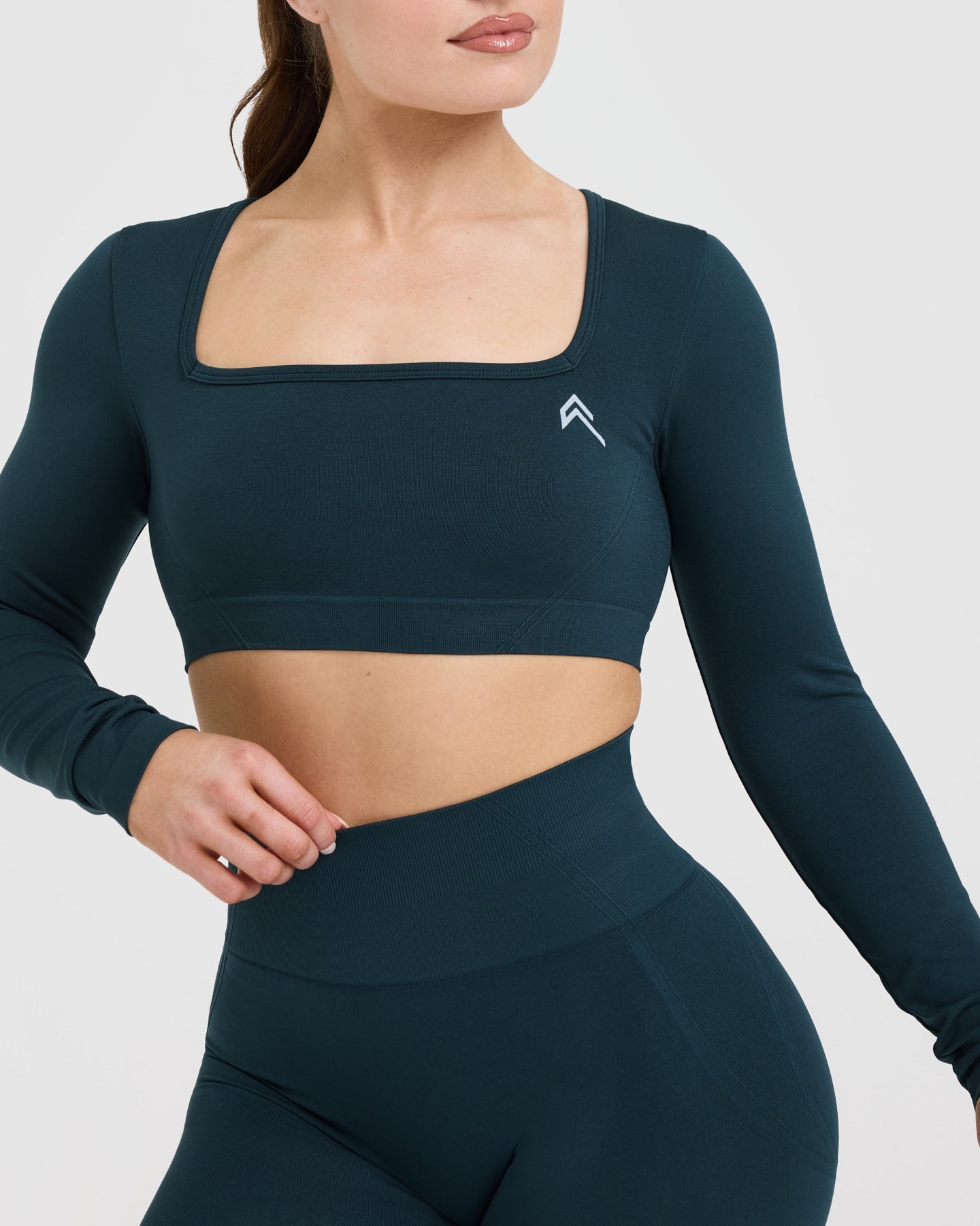 EffortlessLift Square Neck Crop Long Sleeve Top with White Logo | Oil Blue - Image 4