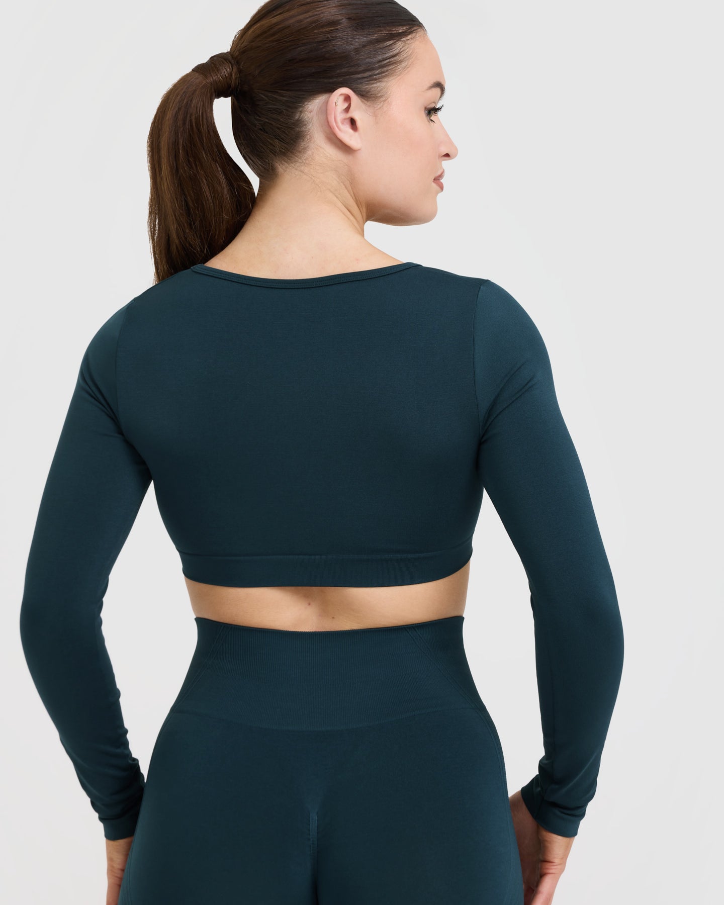 EffortlessLift Square Neck Crop Long Sleeve Top with White Logo | Oil Blue - Image 5