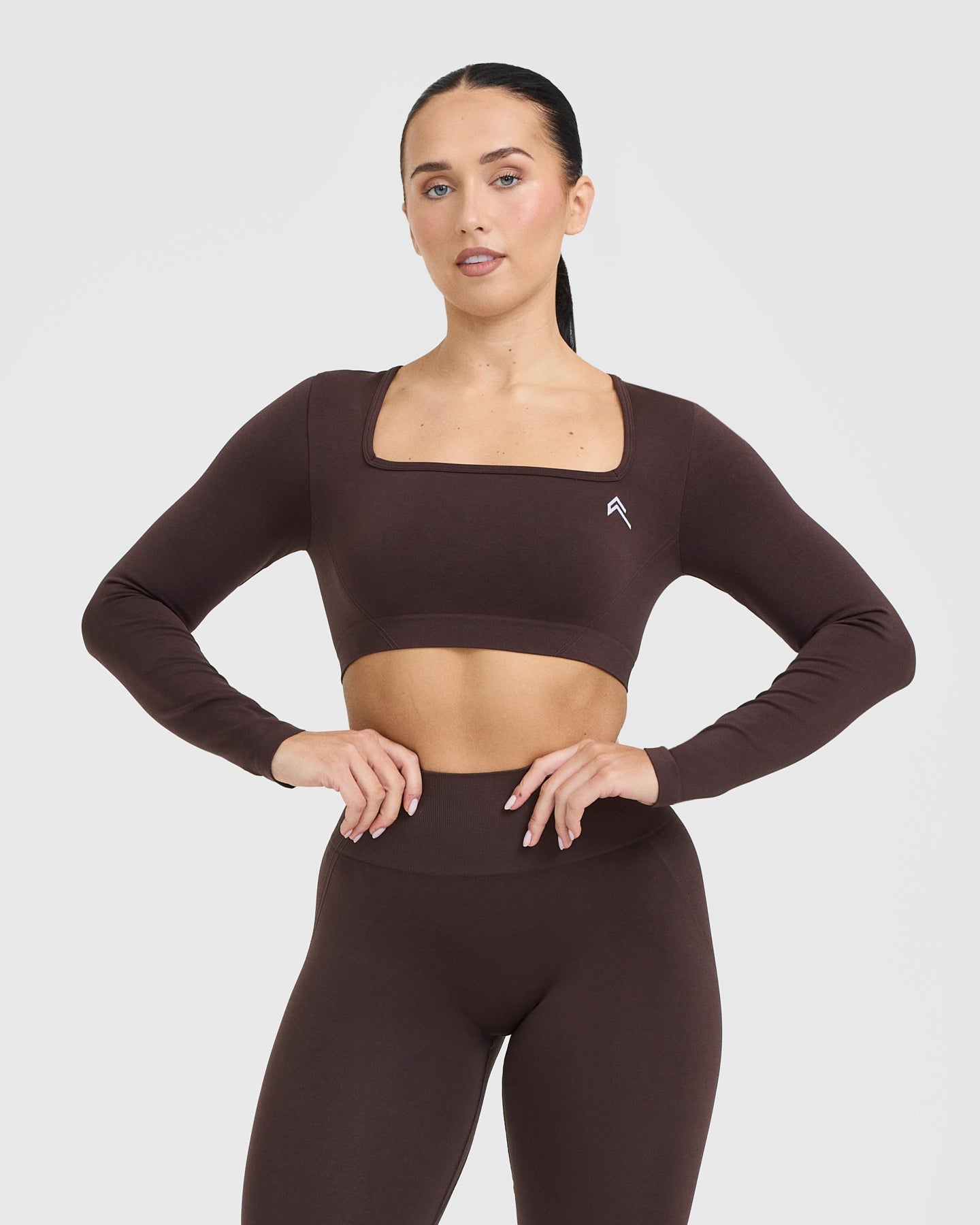 EffortlessLift Square Neck Crop Long Sleeve Top with White Logo | Plum Brown