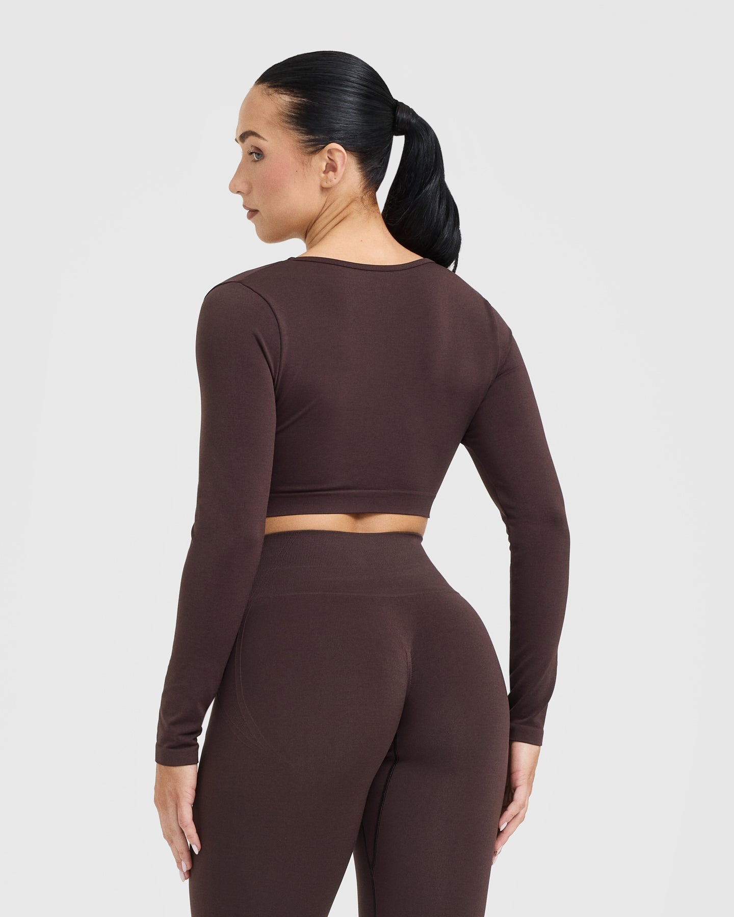 EffortlessLift Square Neck Crop Long Sleeve Top with White Logo | Plum Brown - Image 2