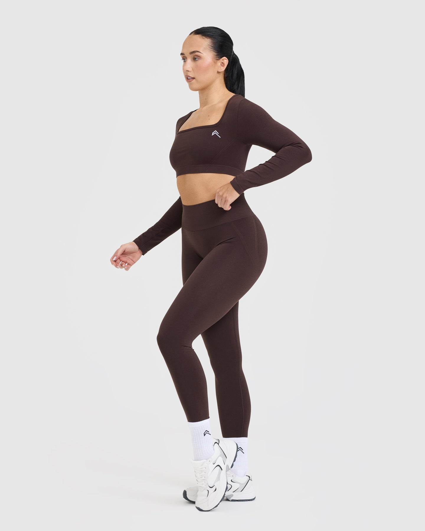 EffortlessLift Square Neck Crop Long Sleeve Top with White Logo | Plum Brown - Image 3