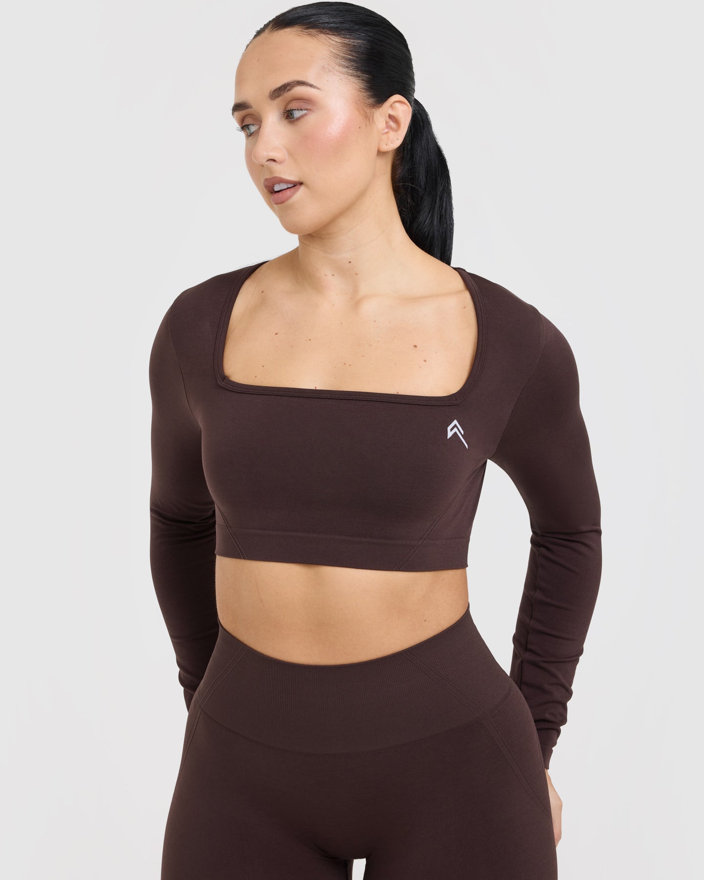 EffortlessLift Square Neck Crop Long Sleeve Top with White Logo | Plum Brown - Image 4