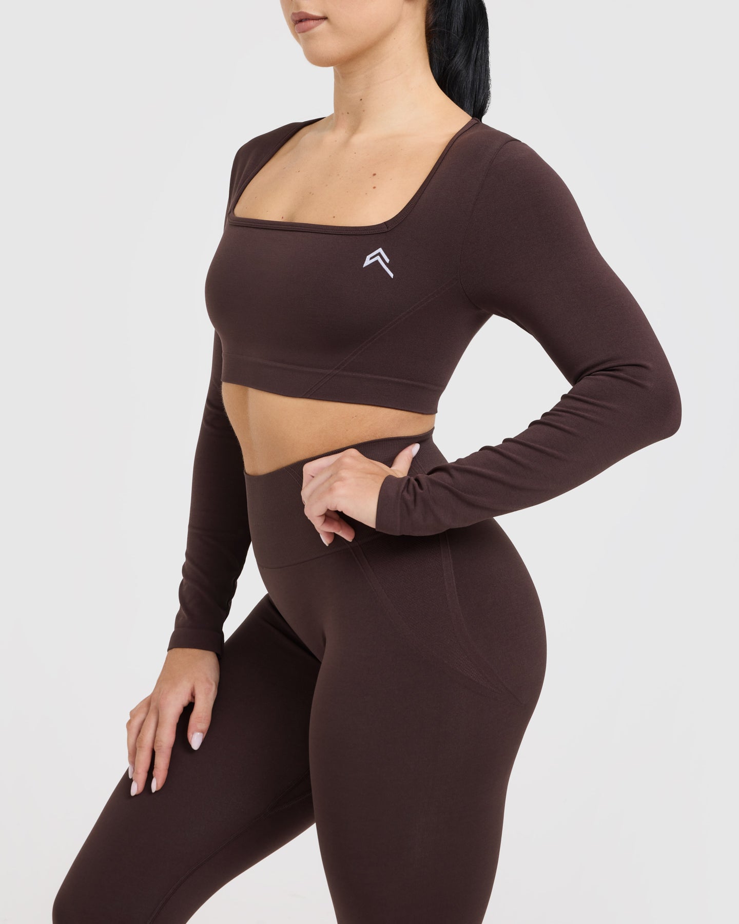 EffortlessLift Square Neck Crop Long Sleeve Top with White Logo | Plum Brown - Image 5