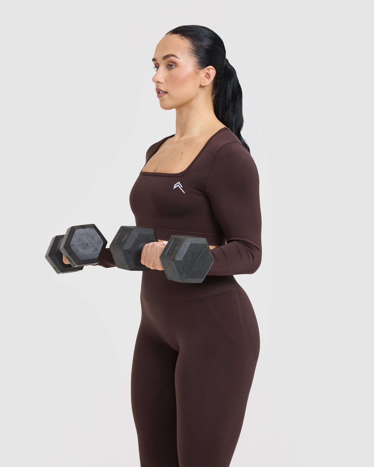 EffortlessLift Square Neck Crop Long Sleeve Top with White Logo | Plum Brown - Image 6