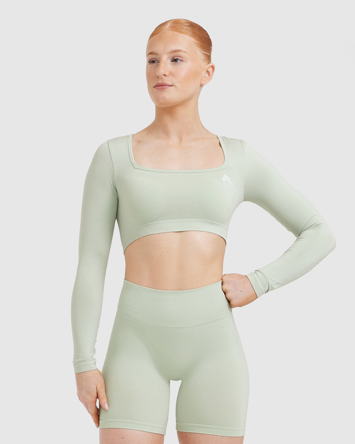 EffortlessLift Square Neck Crop Long Sleeve Top with White Logo | Tea Green