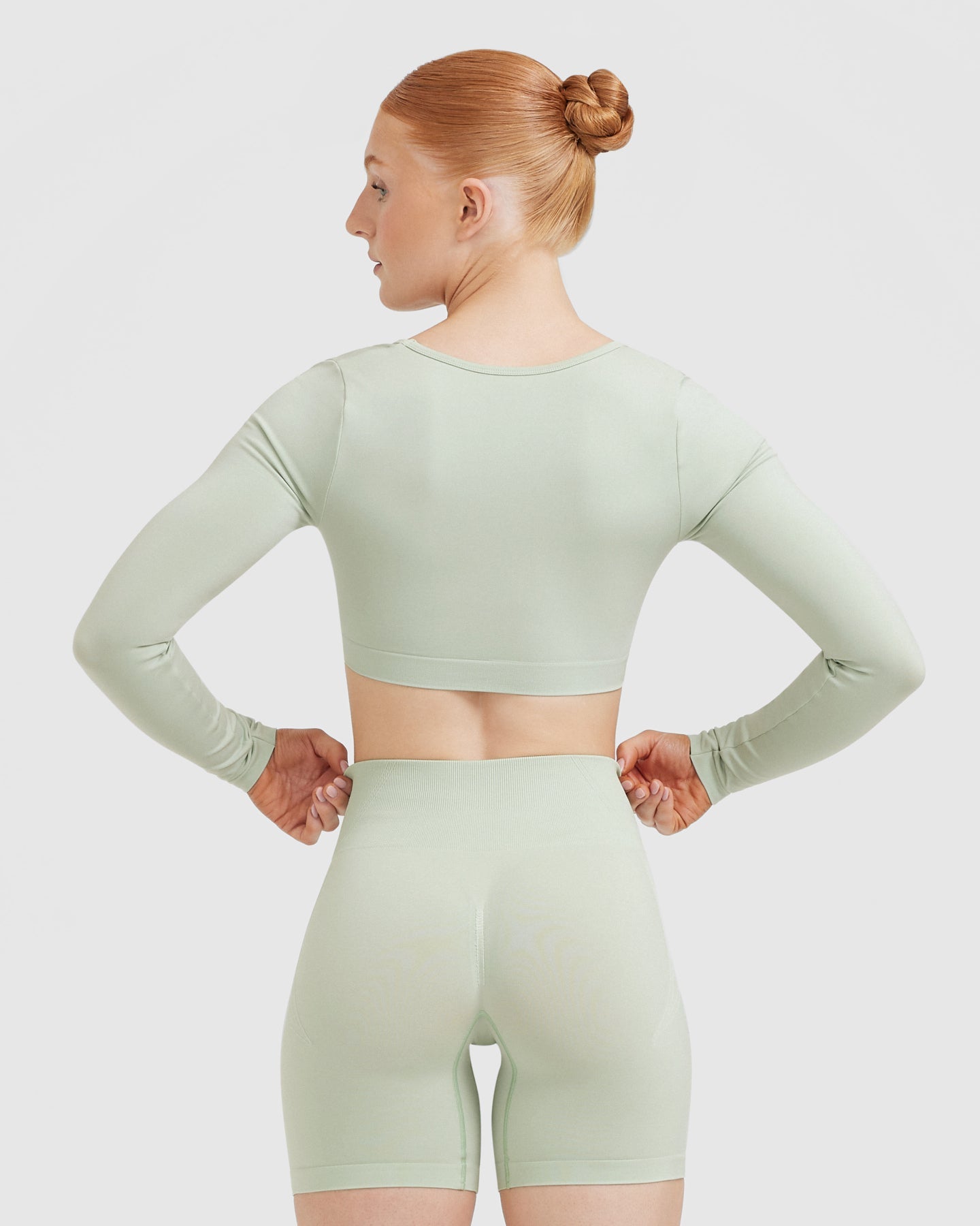 EffortlessLift Square Neck Crop Long Sleeve Top with White Logo | Tea Green - Image 2