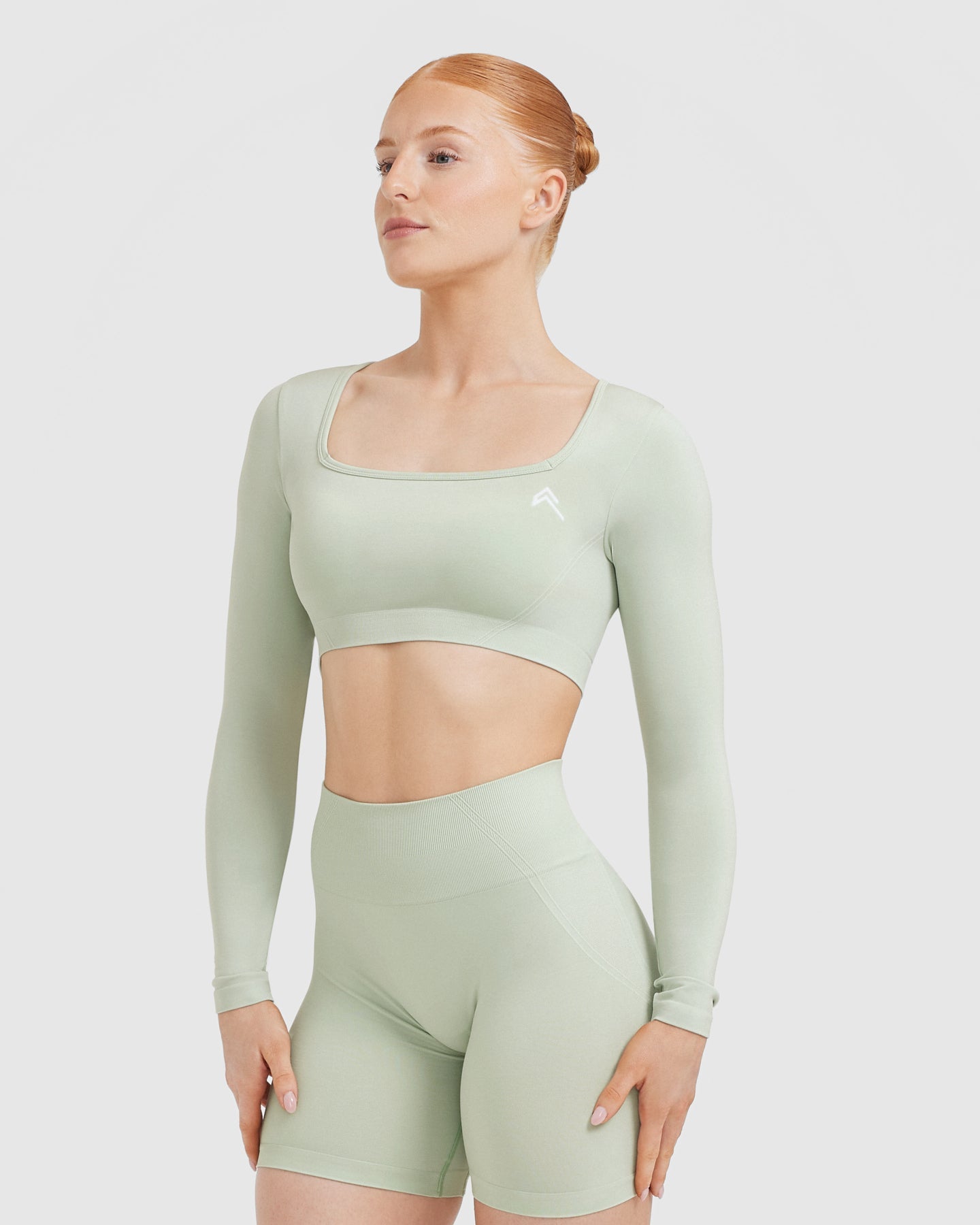 EffortlessLift Square Neck Crop Long Sleeve Top with White Logo | Tea Green - Image 3