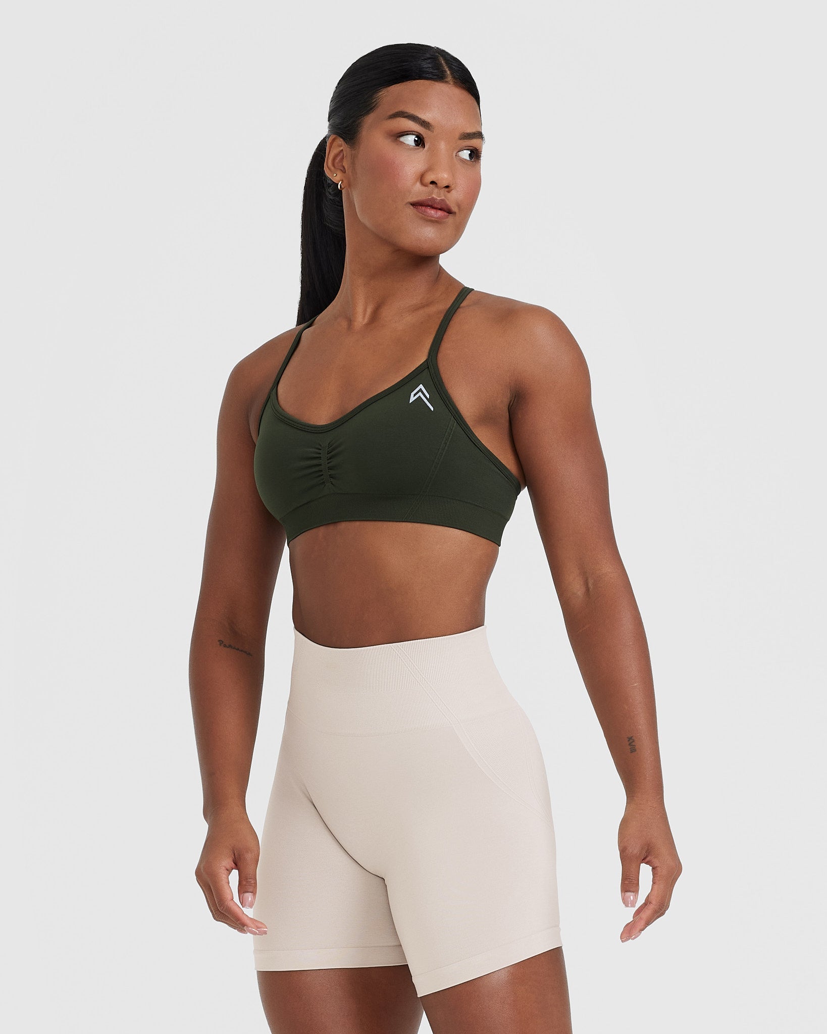 EffortlessLift Strappy Bralette with White Logo | Khaki - Image 3