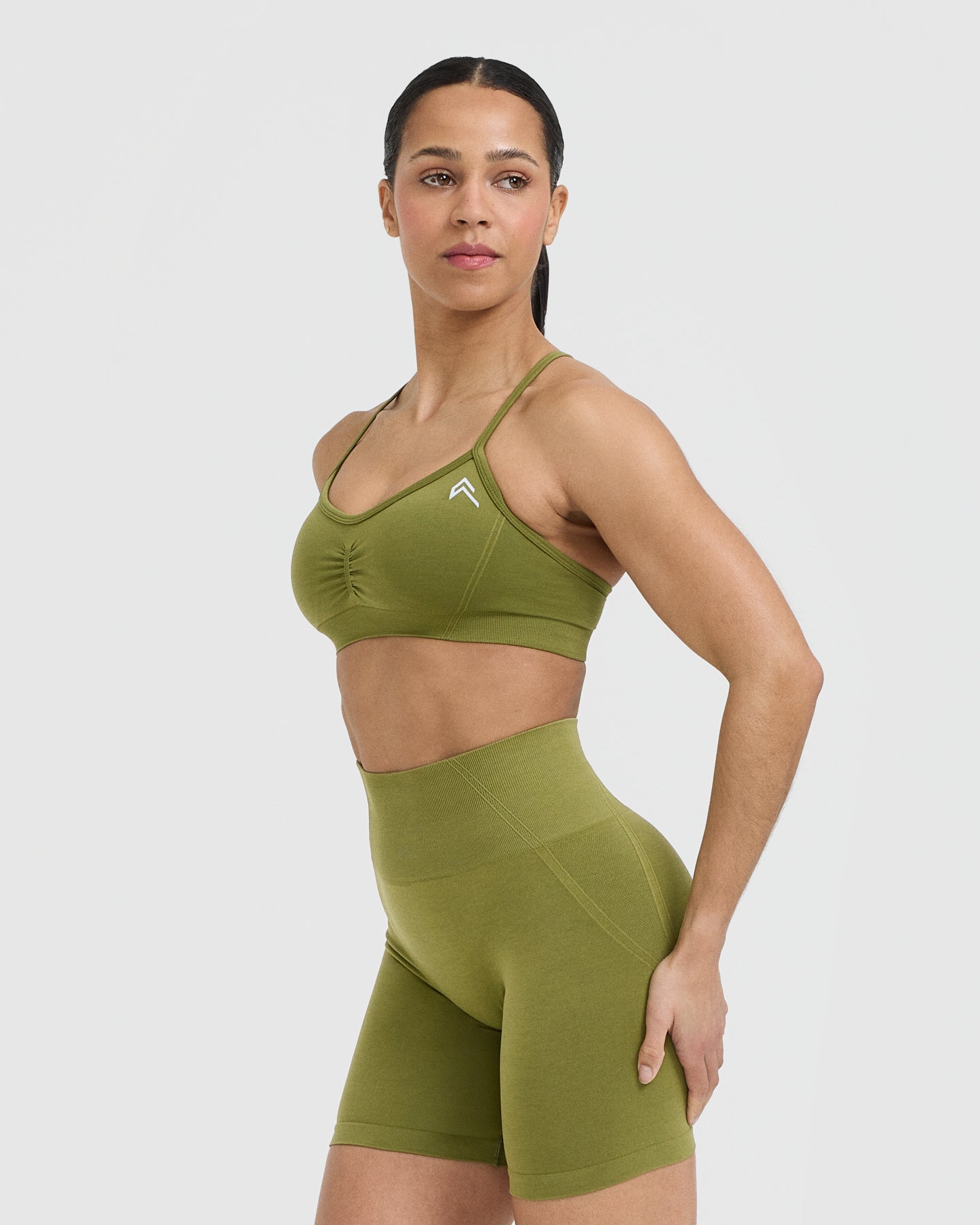 EffortlessLift Strappy Bralette with White Logo | Olive Green - Image 3