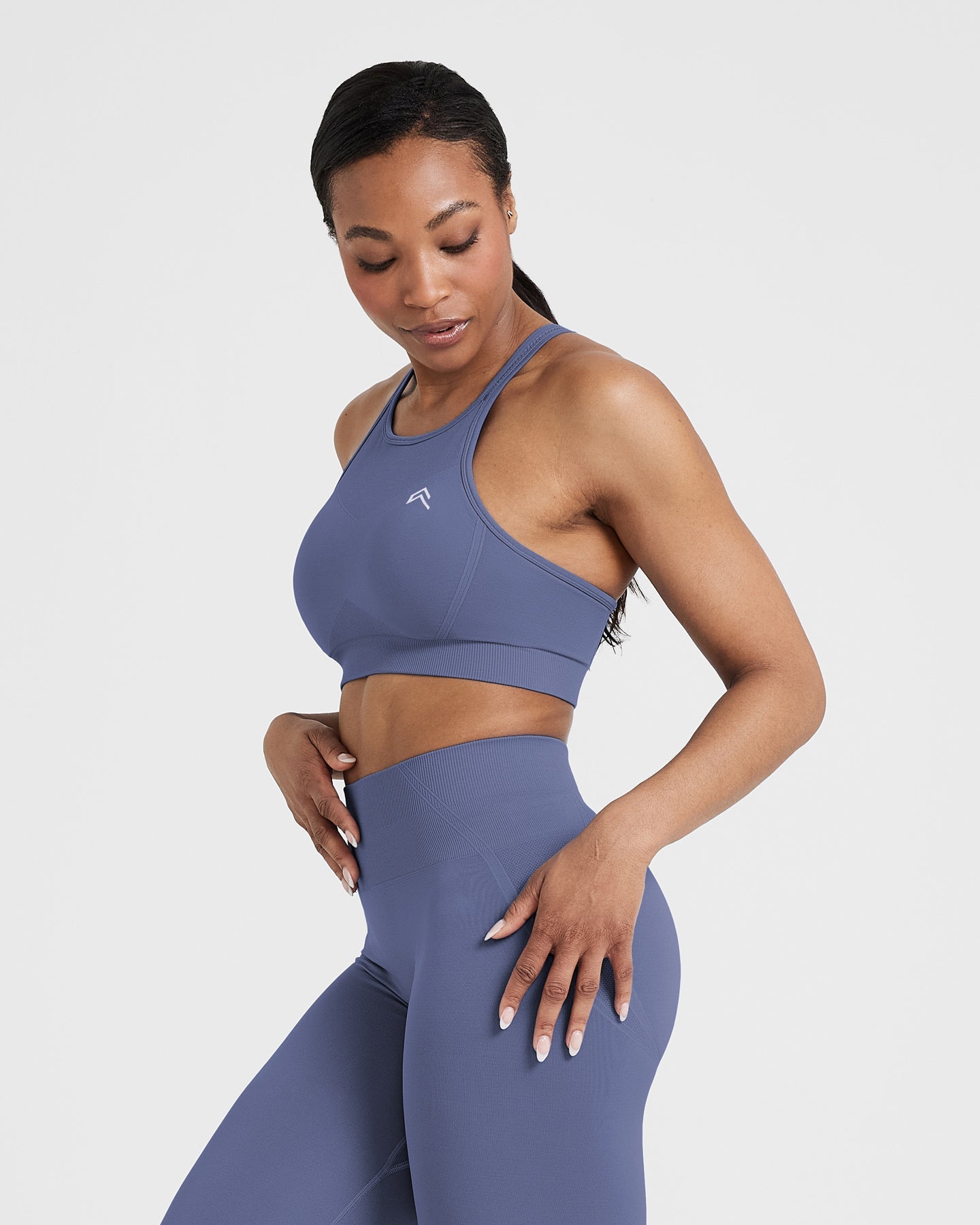 EffortlessLift Seamless High Neck Bralette with White Logo | Slate Blue - Image 3