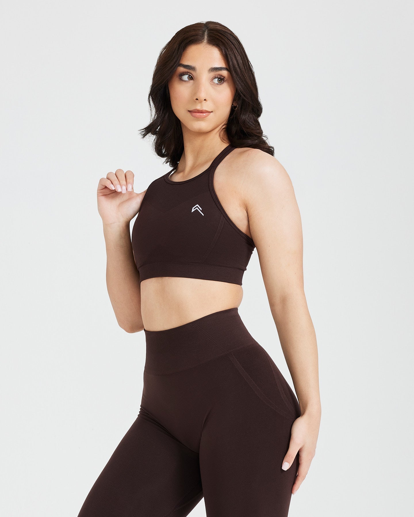 EffortlessLift Seamless High Neck Bralette with White Logo | 70% Cocoa - Image 3