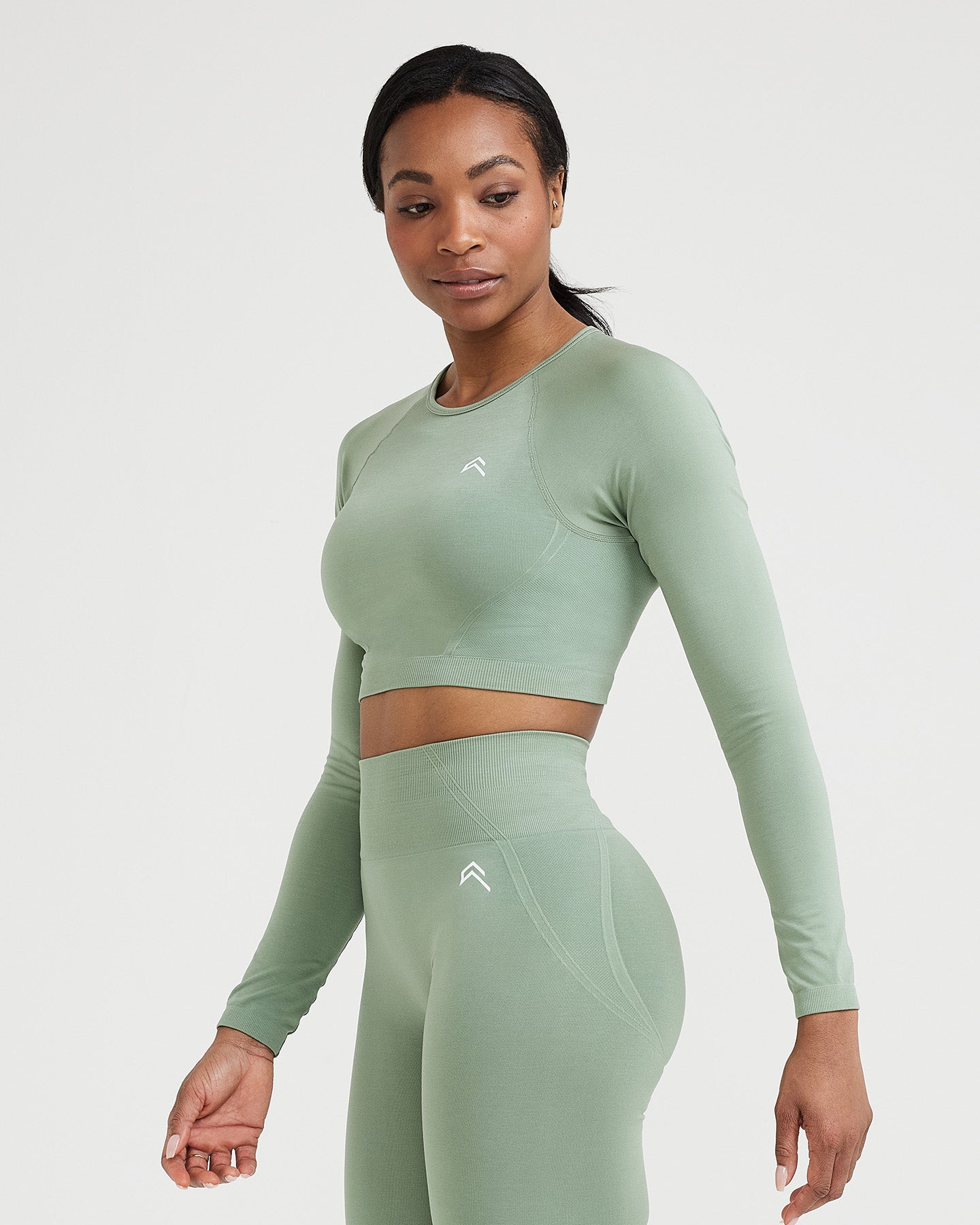 Alternative view of EffortlessLift Seamless Long Sleeve Crop Top with White Logo | Sage