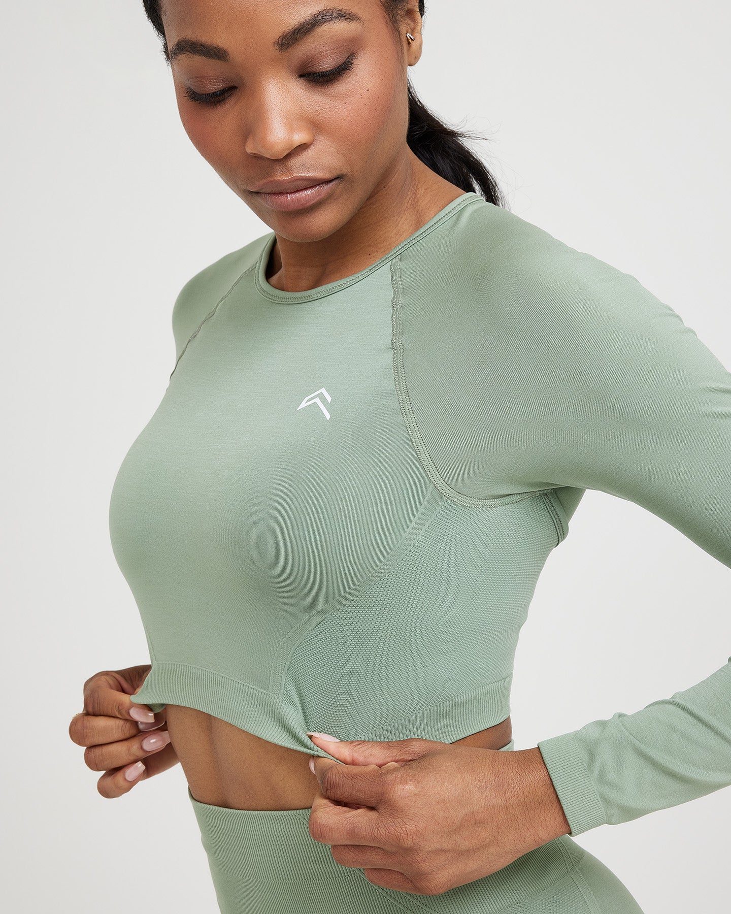 EffortlessLift Seamless Long Sleeve Crop Top with White Logo | Sage - Image 3