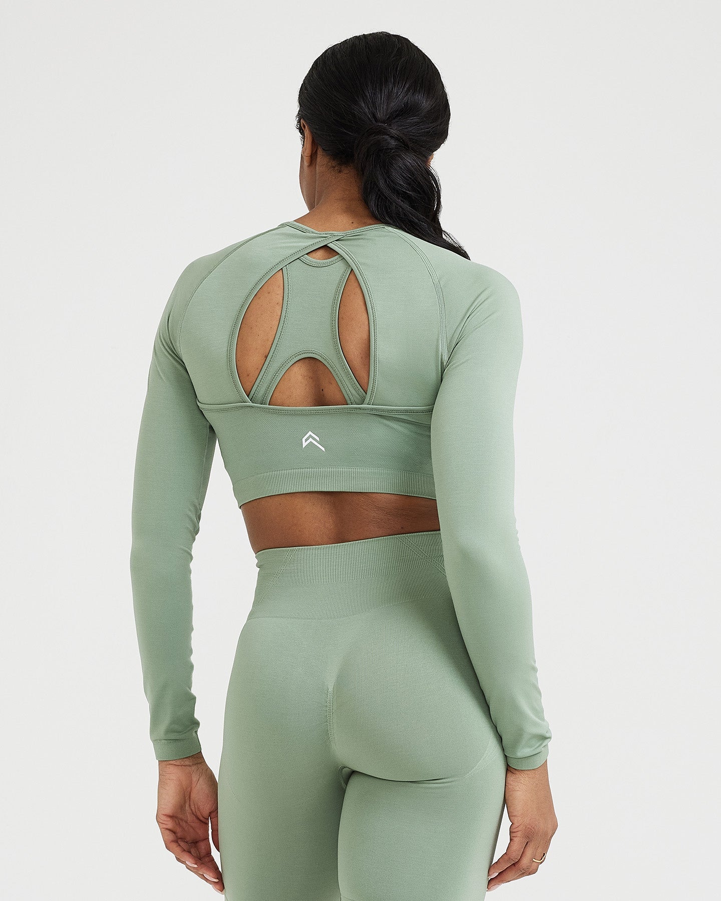 EffortlessLift Seamless Long Sleeve Crop Top with White Logo | Sage - Image 4