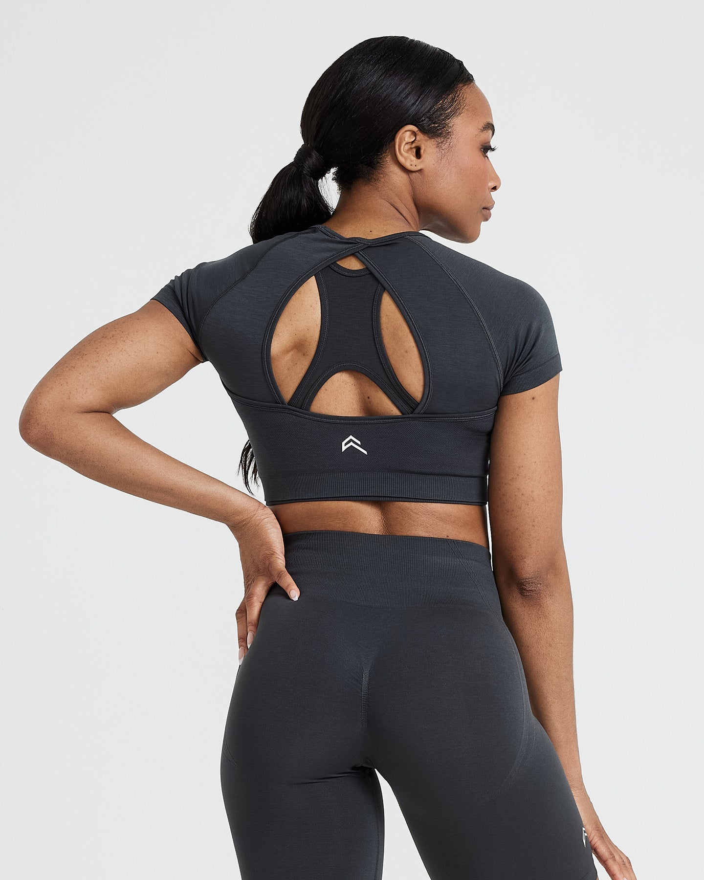 Alternative view of EffortlessLift Seamless Short Sleeve Crop Top with White Logo | Coal