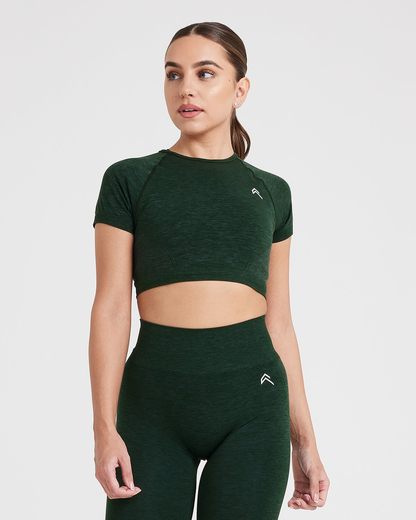 EffortlessLift Seamless Short Sleeve Crop Top with White Logo | Evergreen