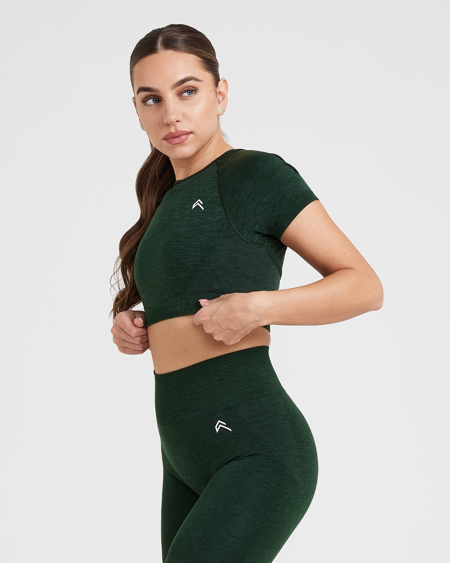 EffortlessLift Seamless Short Sleeve Crop Top with White Logo | Evergreen - Image 3