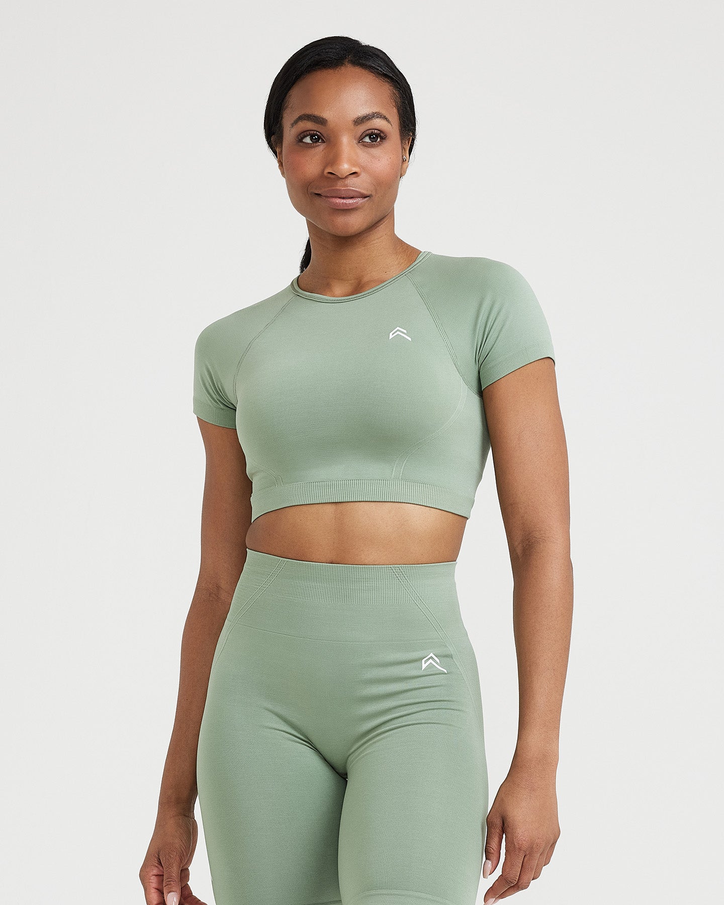 EffortlessLift Seamless Short Sleeve Crop Top with White Logo | Sage