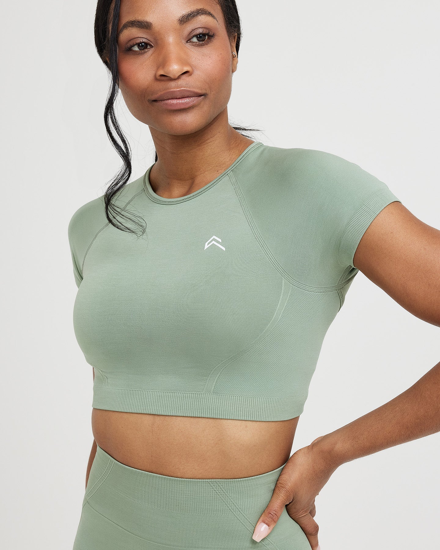EffortlessLift Seamless Short Sleeve Crop Top with White Logo | Sage - Image 3