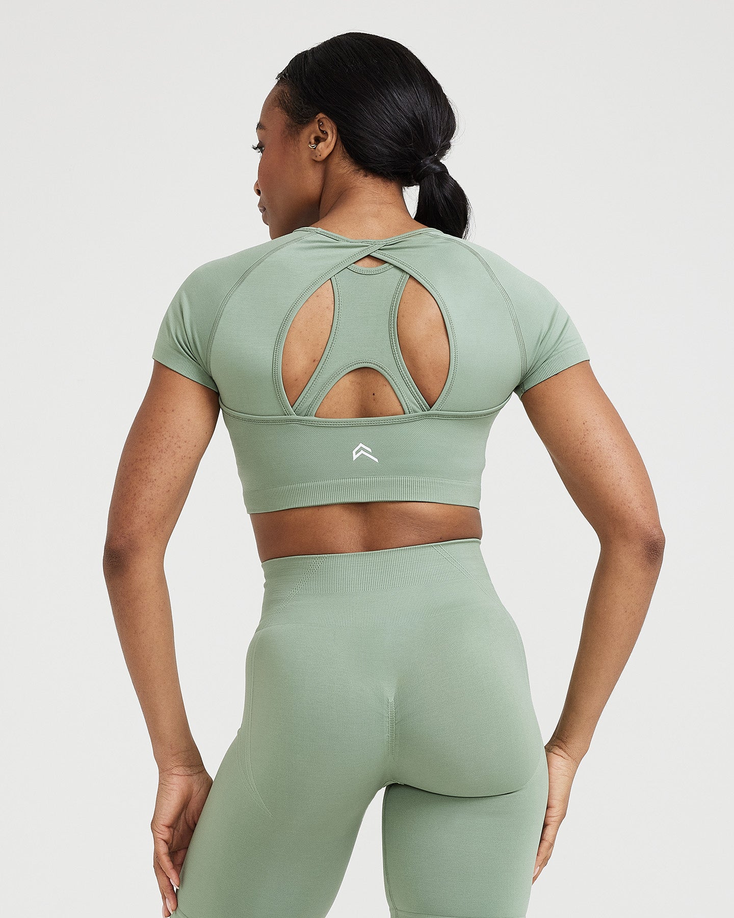 EffortlessLift Seamless Short Sleeve Crop Top with White Logo | Sage - Image 4