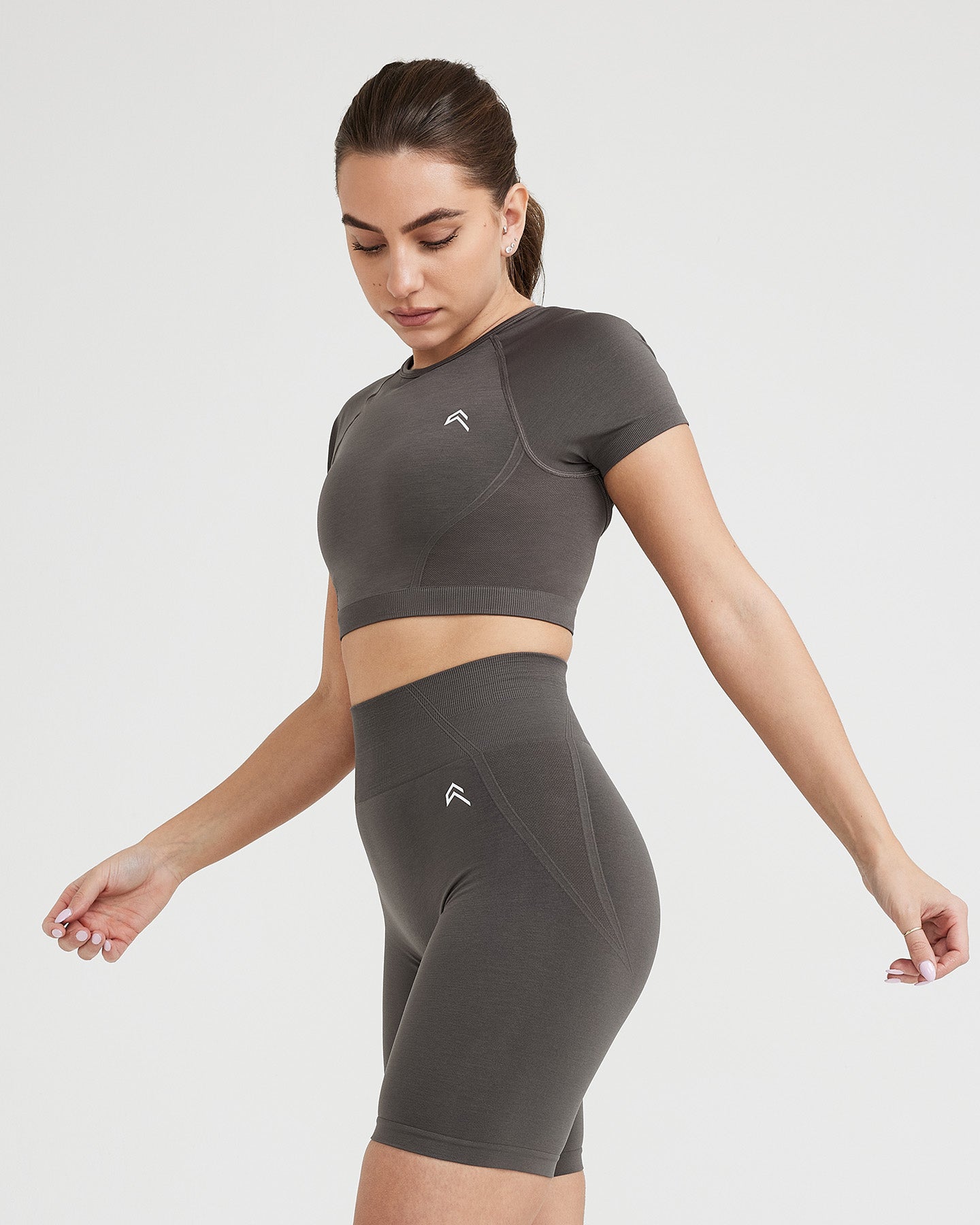 Alternative view of EffortlessLift Seamless Short Sleeve Crop Top with White Logo | Deep Taupe