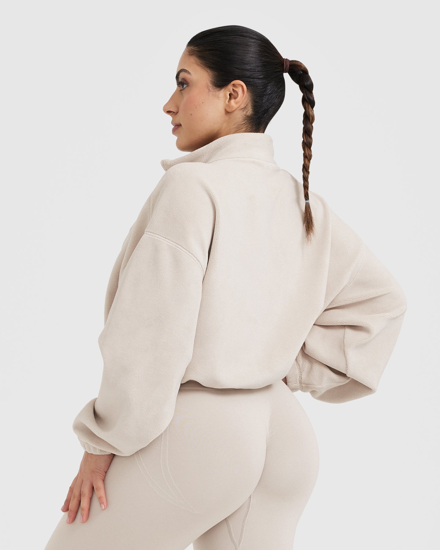 Fleece Oversized Crop 1/2 Zip Sweatshirt | Sand - Image 2
