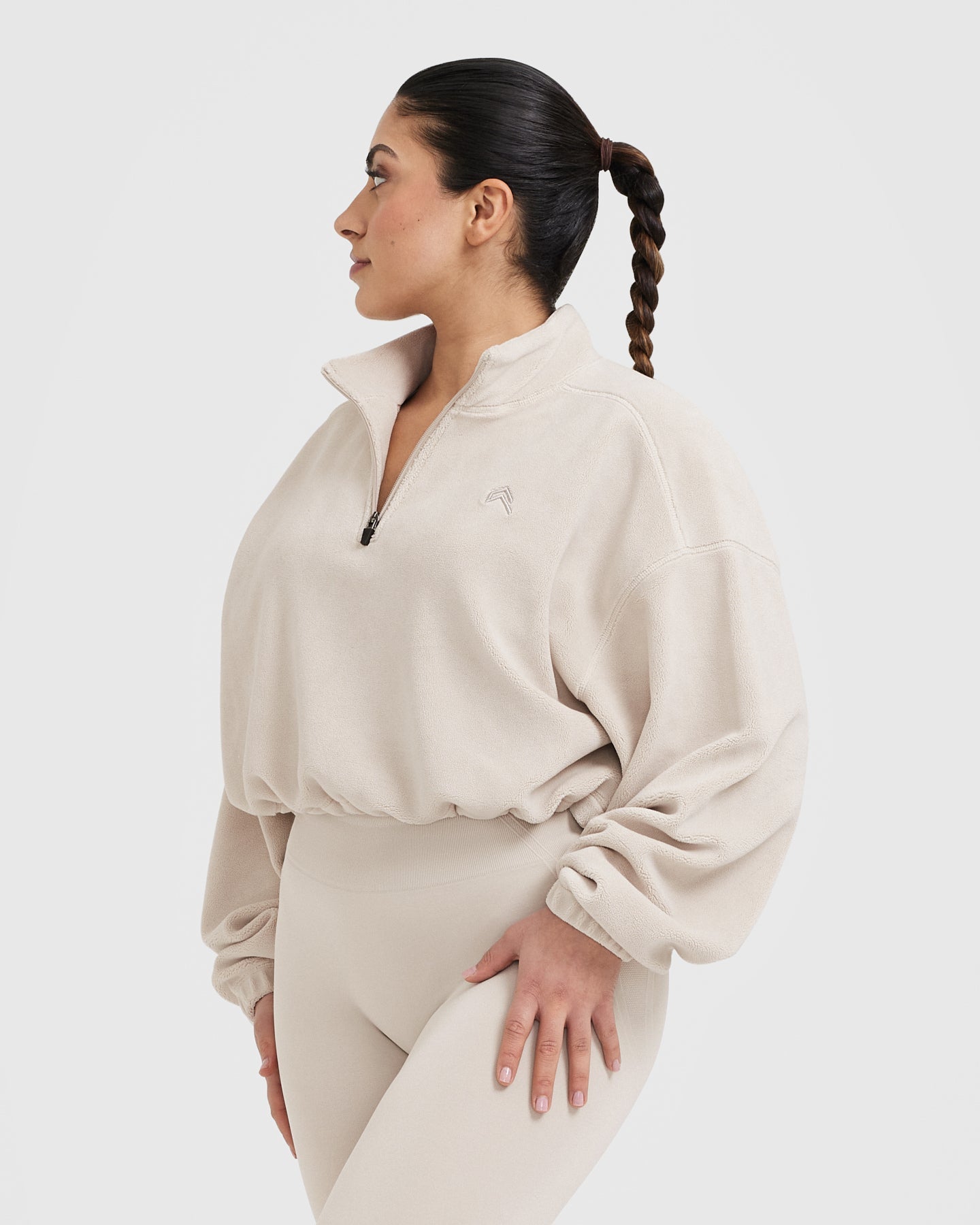 Fleece Oversized Crop 1/2 Zip Sweatshirt | Sand - Image 3