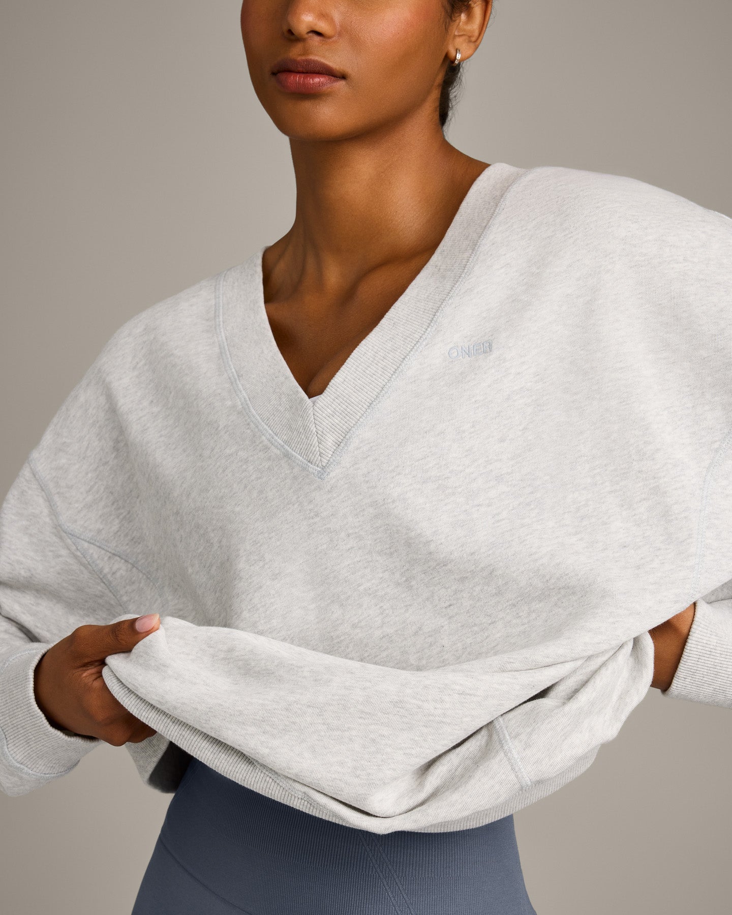 Cotton Vintage Lounge V Neck Sweatshirt | Light Grey Marl - Image 2