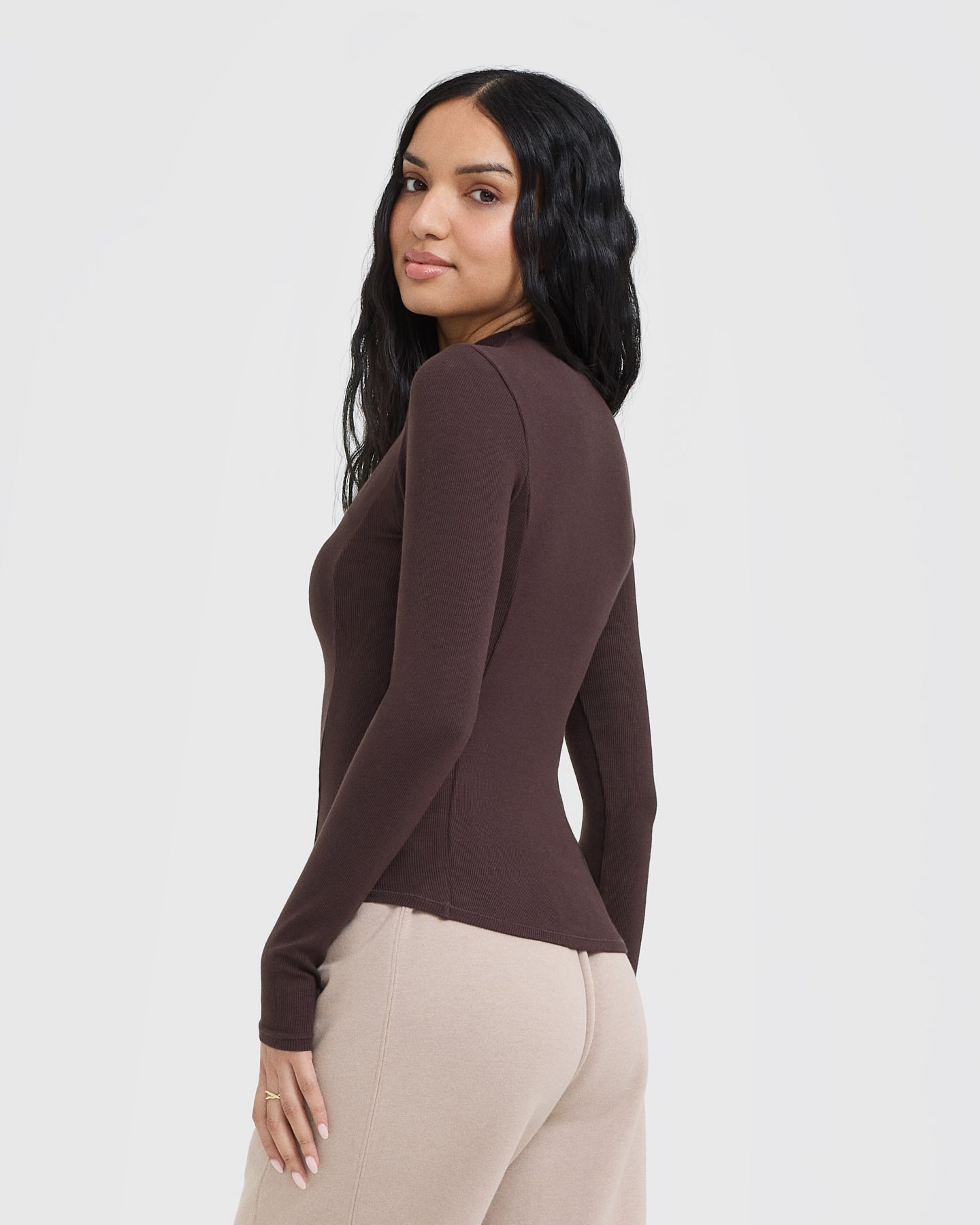 Mellow Rib Mock Neck Long Sleeve Top | Plum Brown - Image 2