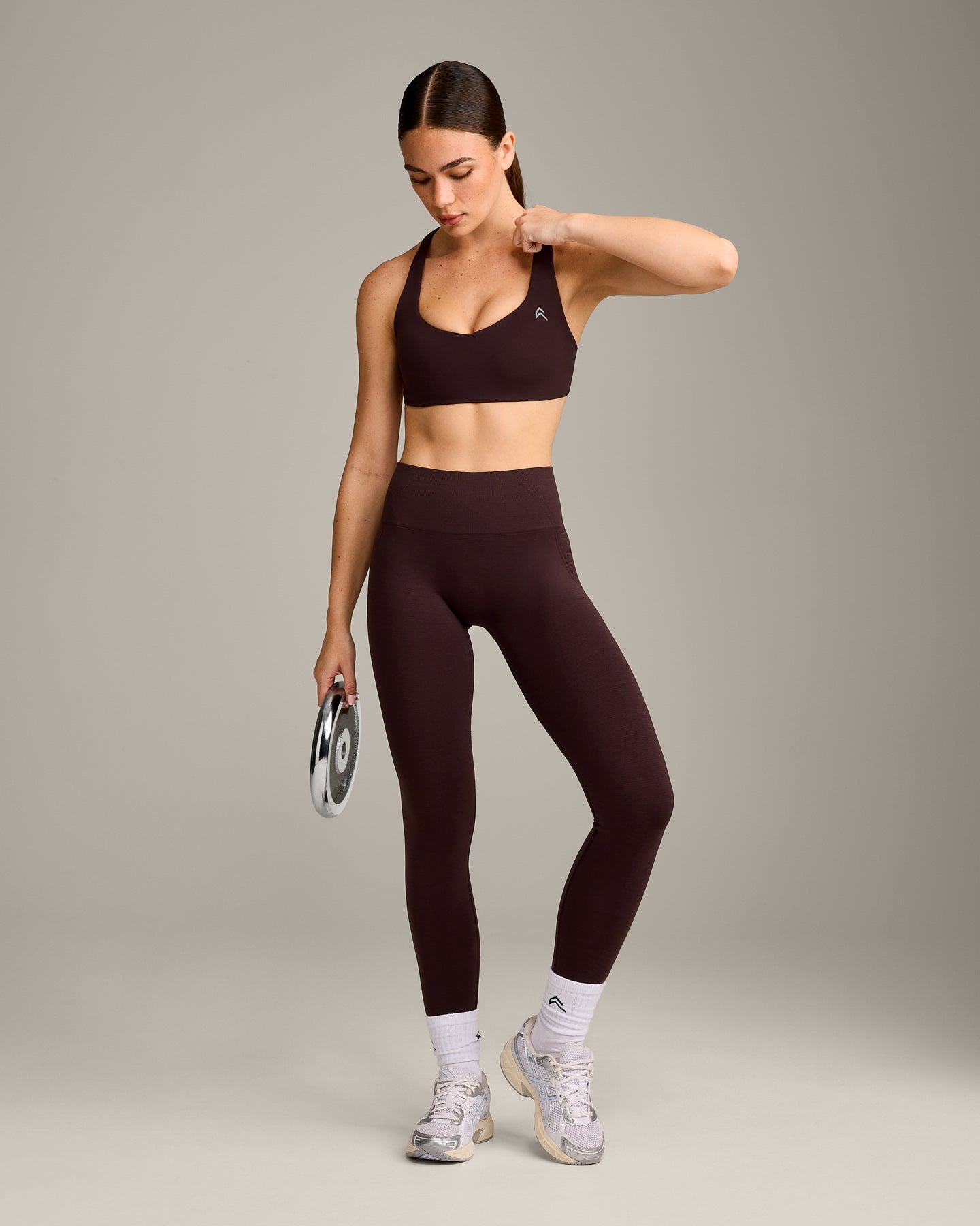 EasyLift Cross Back Sports Bra with Grey Logo | Plum Brown - Image 3