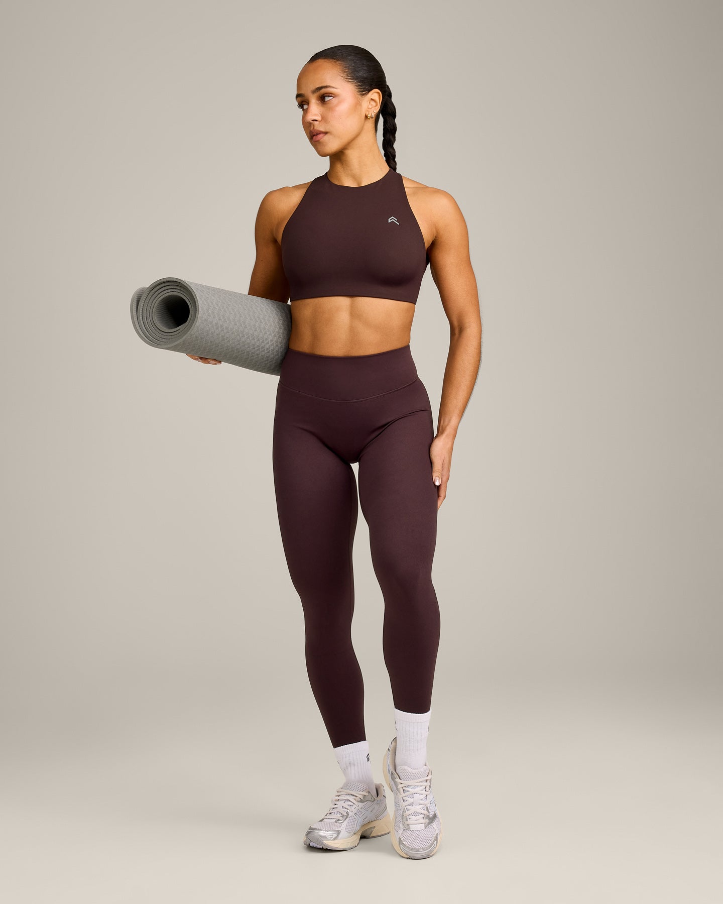 EasyLift High Neck Sports Bra with Grey Logo | Plum Brown - Image 3