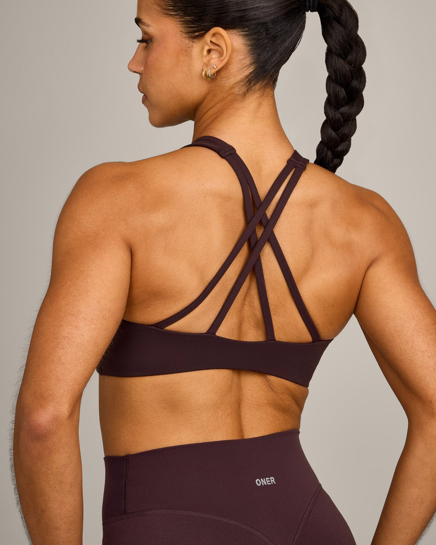 EasyLift High Neck Sports Bra with Grey Logo | Plum Brown - Image 4