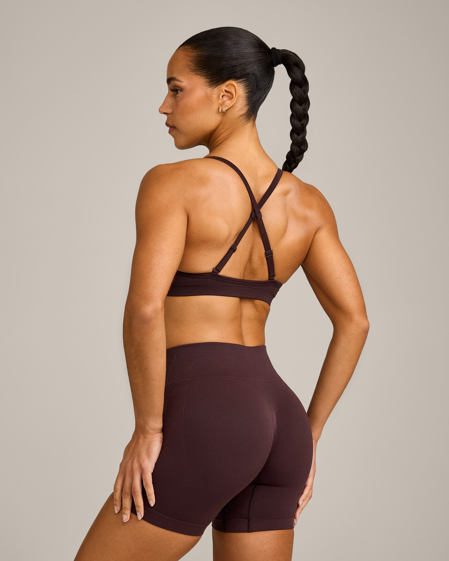 EnhanceLift Seamless Strappy Sports Bra with Grey Logo | Plum Brown - Image 2