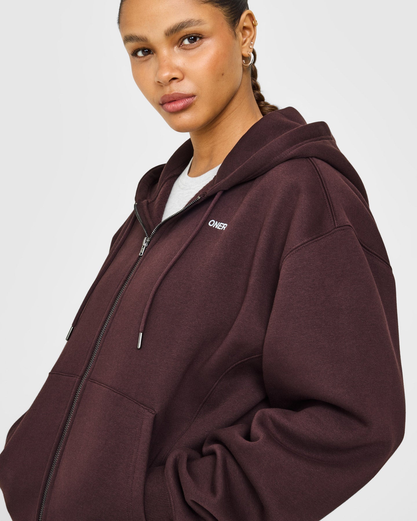 Foundations Zip Through Hoodie with Grey Logo | Plum Brown - Image 4