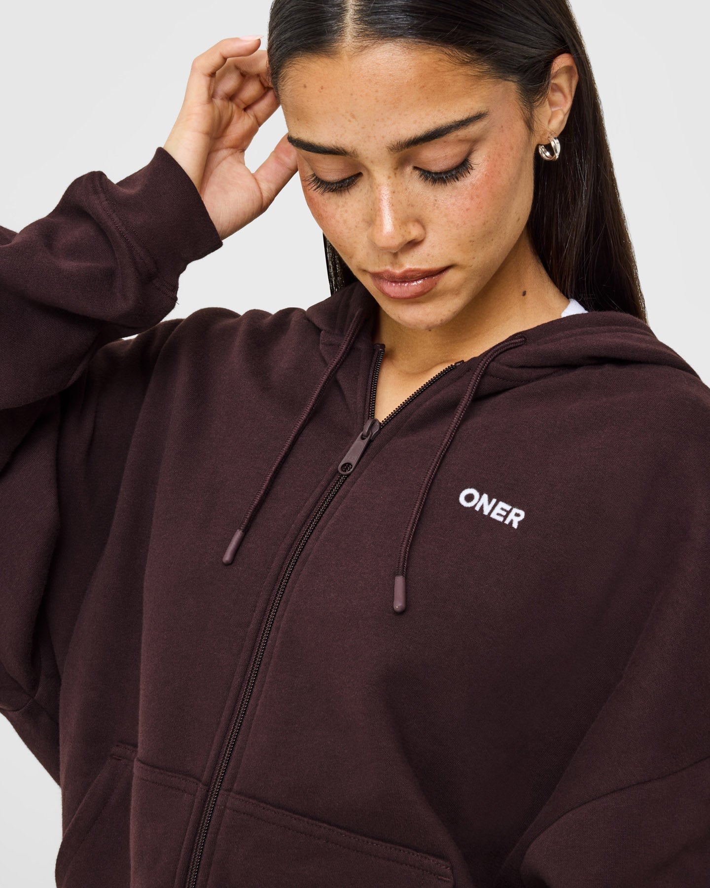 Mid Weight Relaxed Zip Through Hoodie | Plum Brown - Image 2
