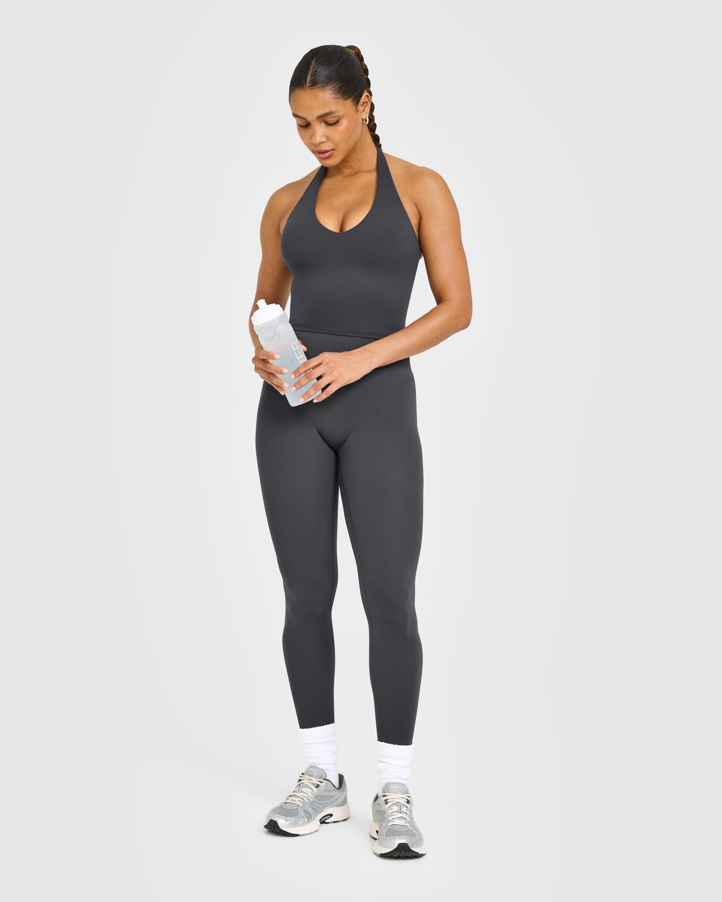 SoftMotion Halter Neck Mid Vest with Built in Bra Shelf with White Logo | Coal - Image 3